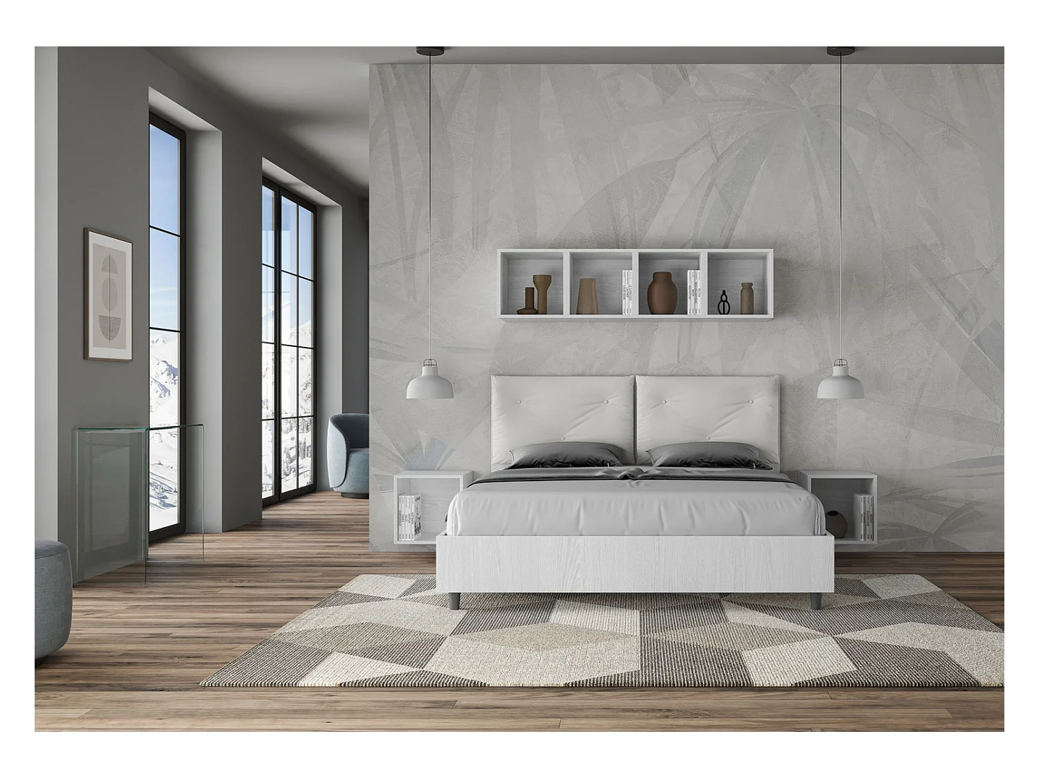 Lit double avec rangement, double relevage, 160x190 cm, bois de frêne blanc, coussins simili cuir blanc, Egos Appia