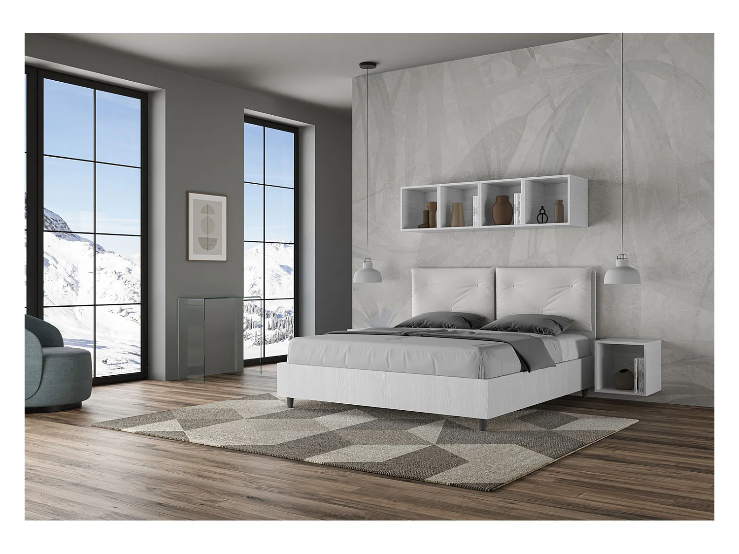 Lit double avec rangement, double relevage, 160x190 cm, bois de frêne blanc, coussins simili cuir blanc, Egos Appia