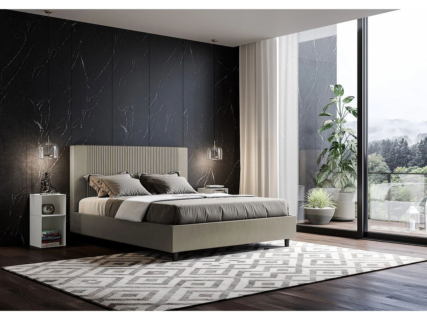 Letto contenitore doppia alzata imbottito 160x190 similpelle cappuccino Goya