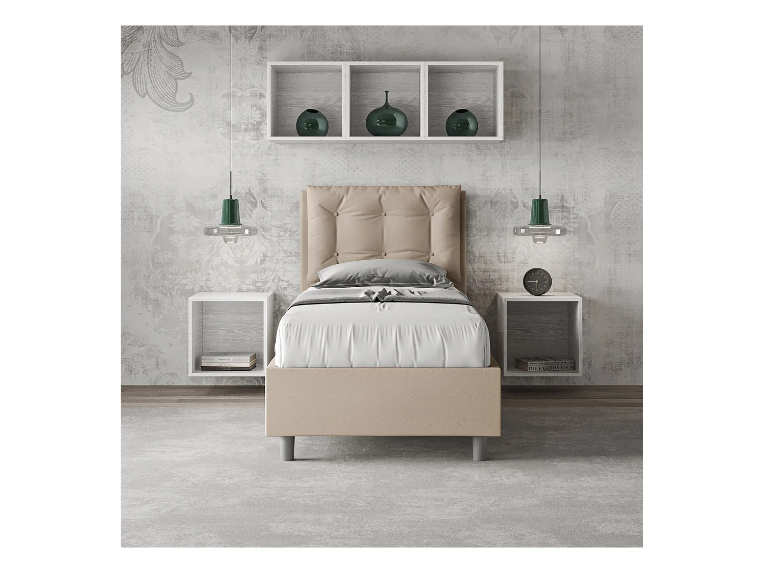 Lit coffre capitonné simili cuir gris tourterelle Annalisa 80x200