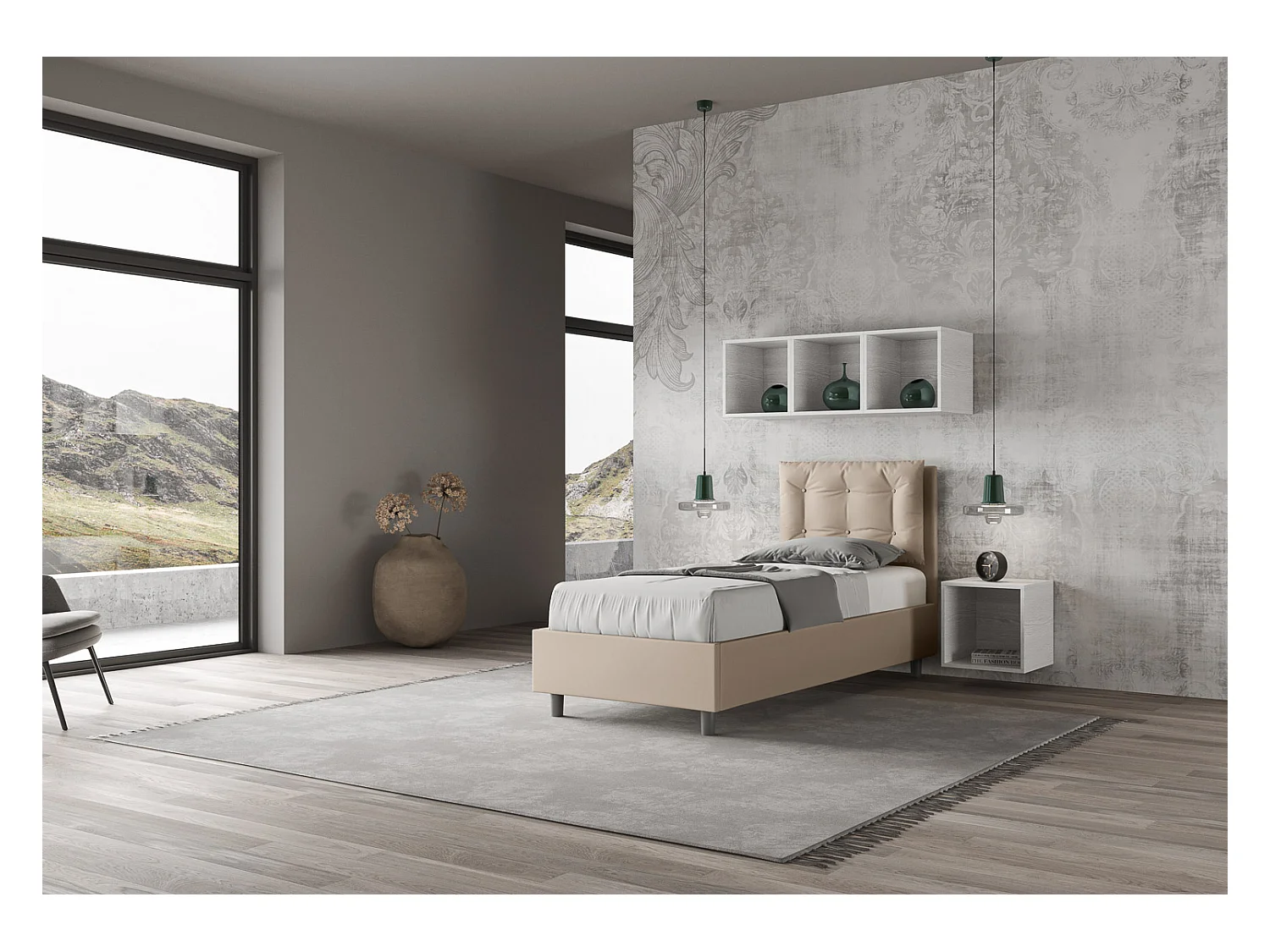 Cama contenedor tapizada símil piel gris tórtola Annalisa 80x200