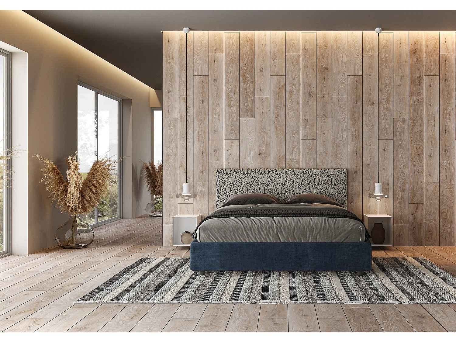 Cama dupla estofada 160x190 em tecido Arla azul Era 09