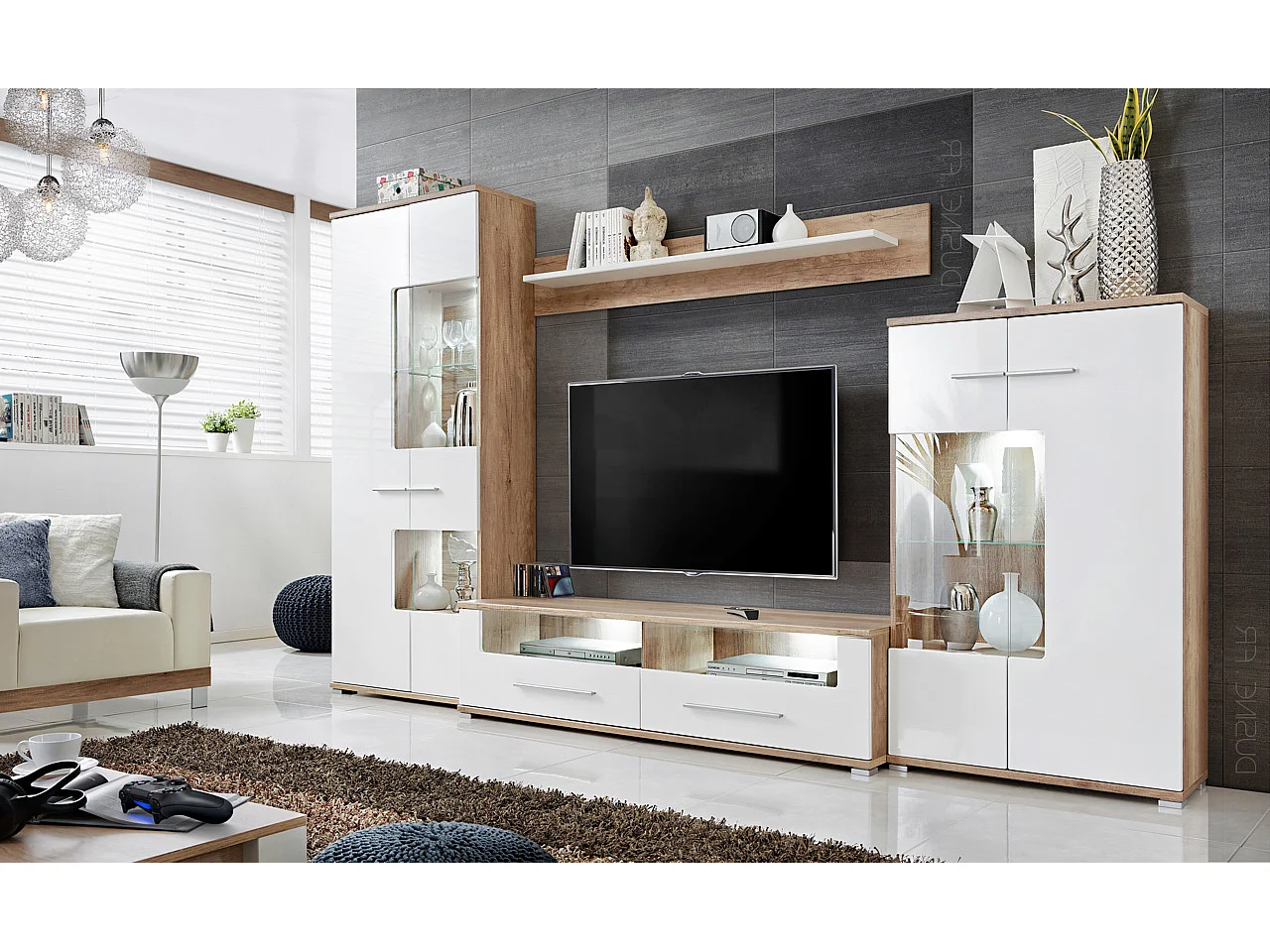 Meubles salon TV rangements Sohalia avec armoire LED blanc laqué et bois
