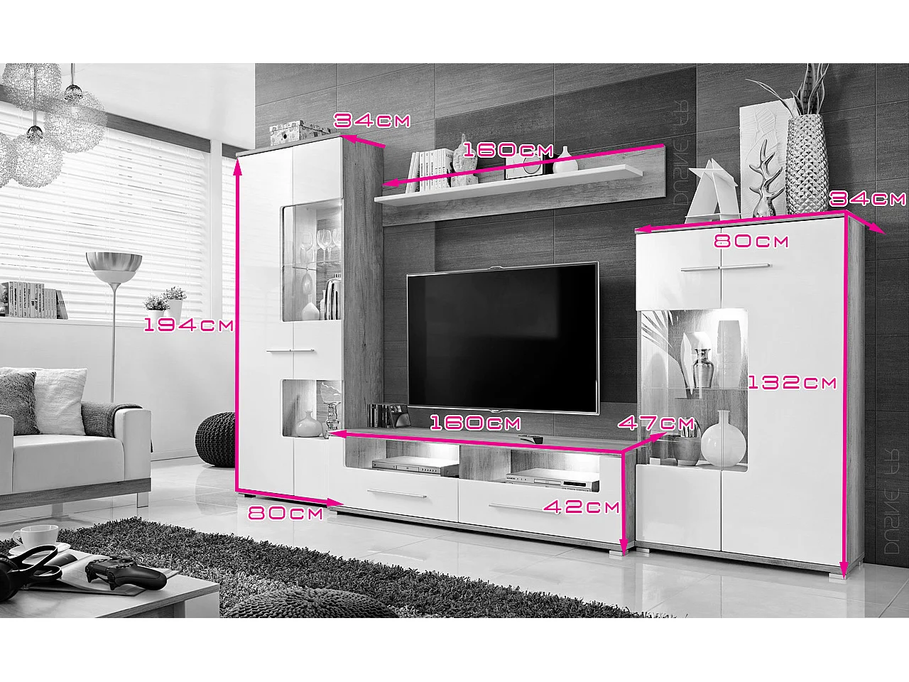 Meubles salon TV rangements Sohalia avec armoire LED blanc laqué et bois