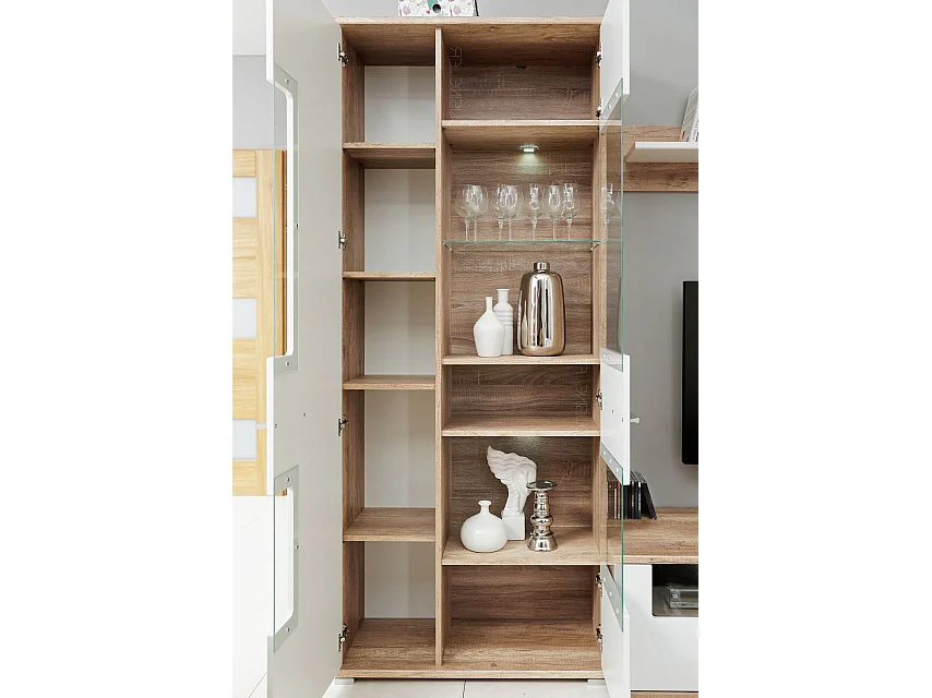 Meubles salon TV rangements Sohalia avec armoire LED blanc laqué et bois