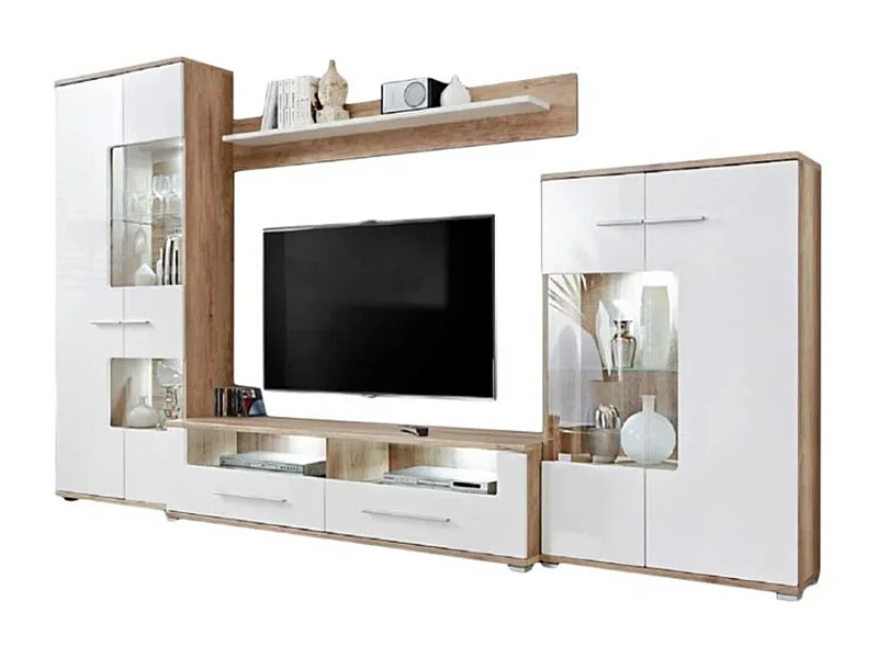 Meubles salon TV rangements Sohalia avec armoire LED blanc laqué et bois