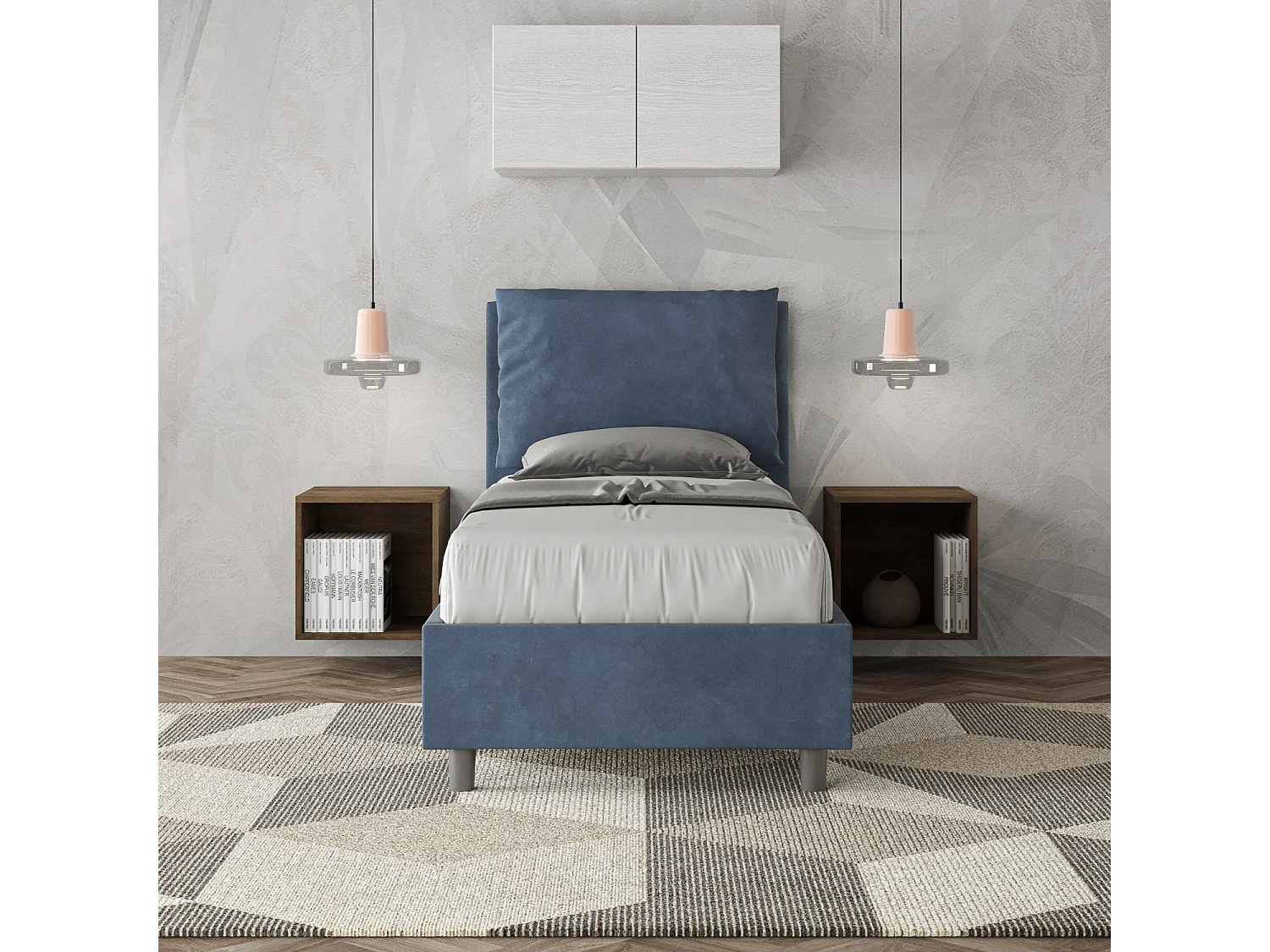 Letto con rete imbottito 80x210 microfibra blu Antea