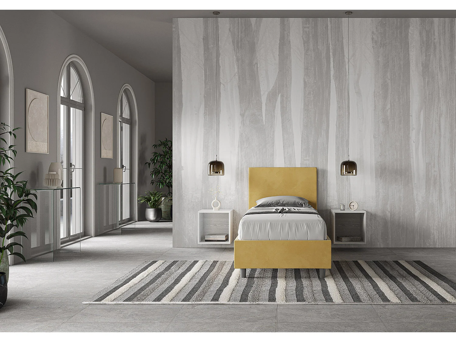 Cama Adele con somier acolchado 90x210 en microfibra ocre
