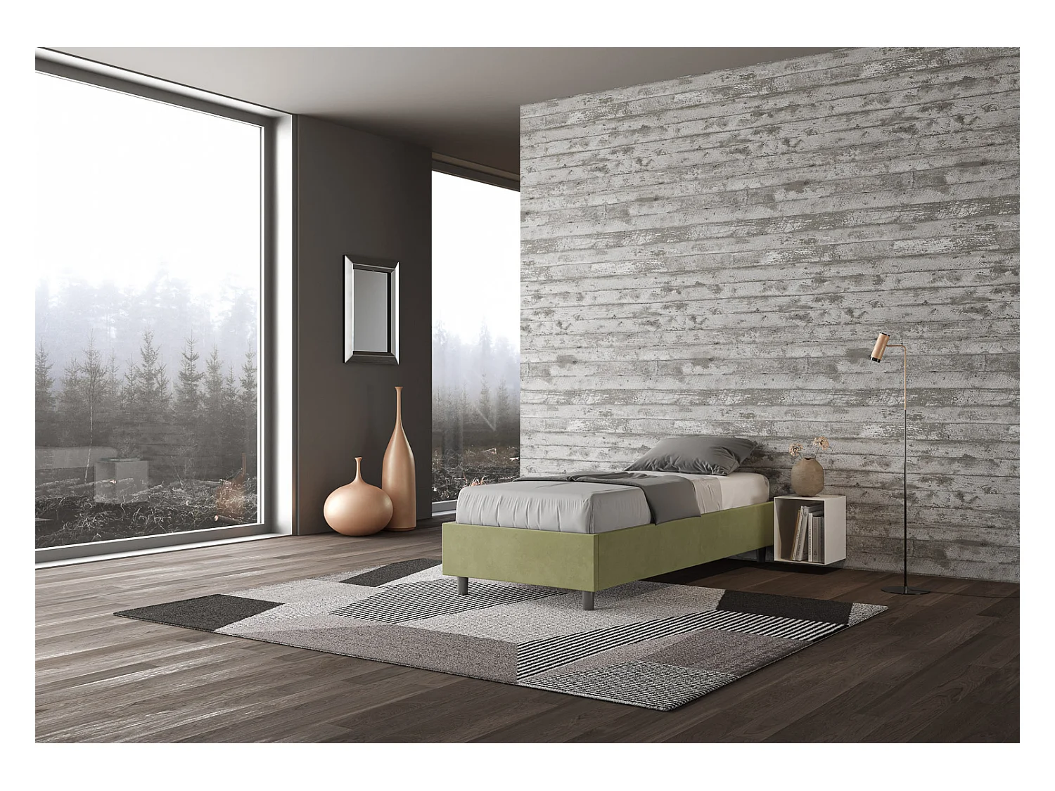 Letto Sommier senza rete imbottito 90x200 microfibra tè verde Azelia