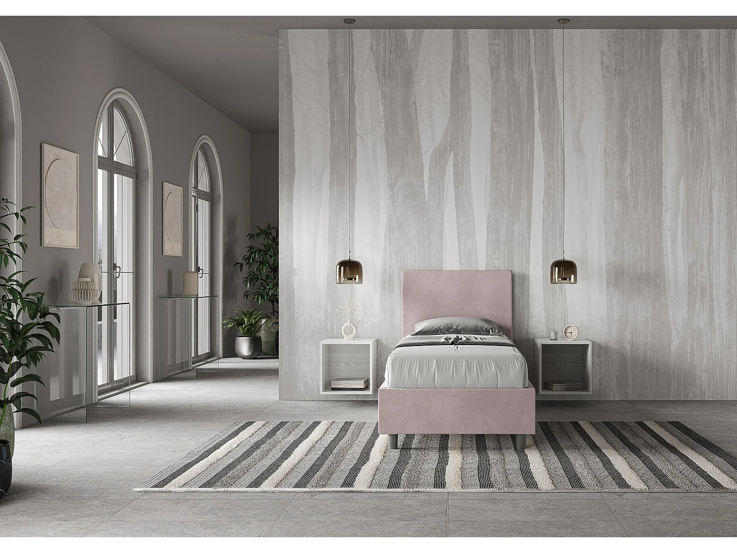 Cama Adele com base acolchoada em microfibra de glicínias 80x210