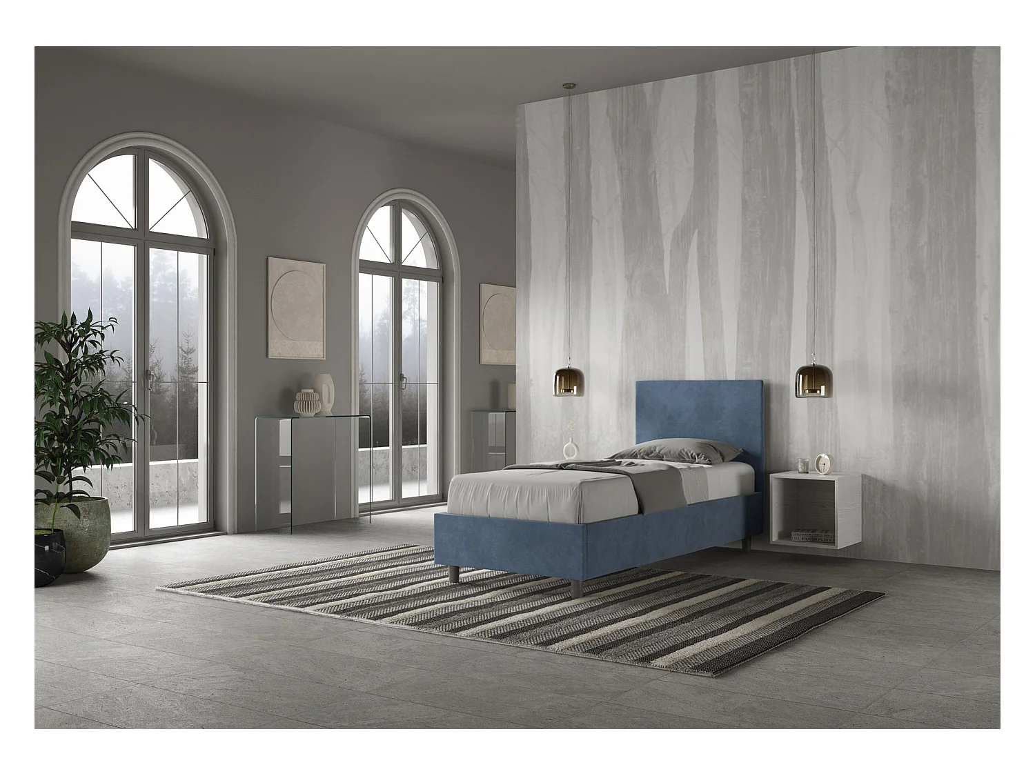 Cama Adele microfibra azul con somier acolchado 80x190