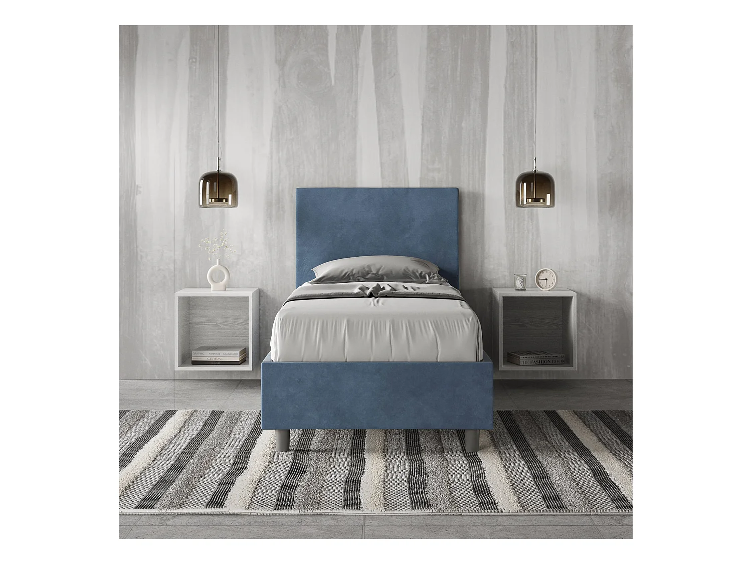 Cama Adele microfibra azul con somier acolchado 80x190