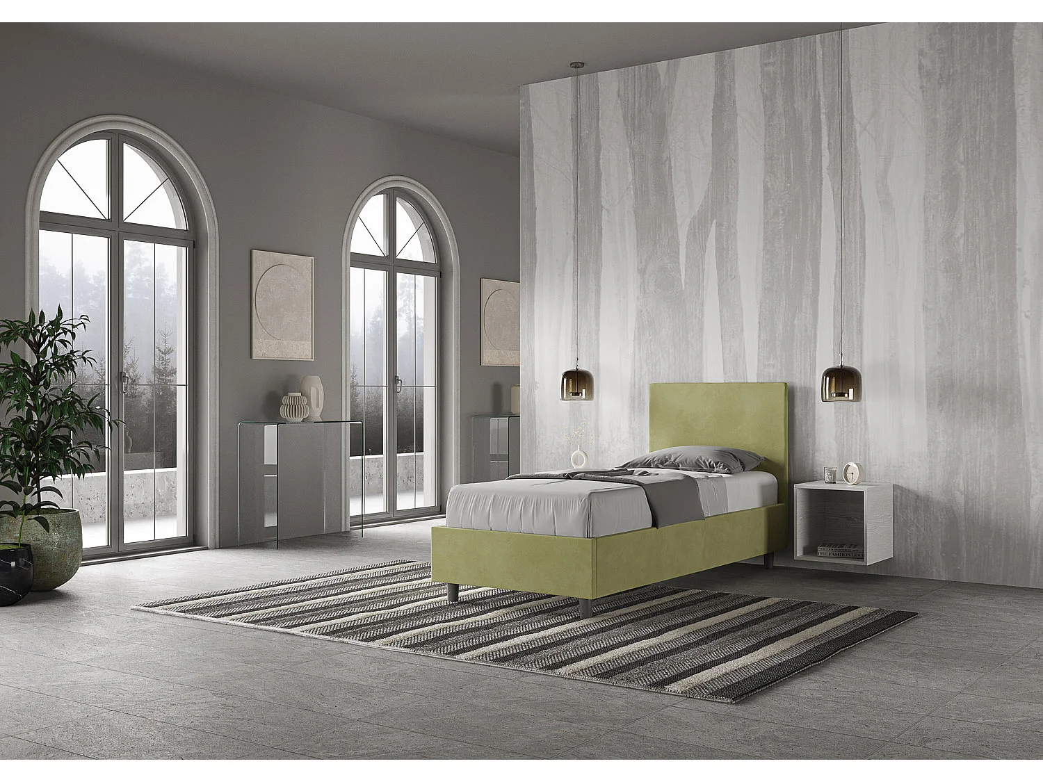 Cama Adele de microfibra té verde con base tapizada 80x190