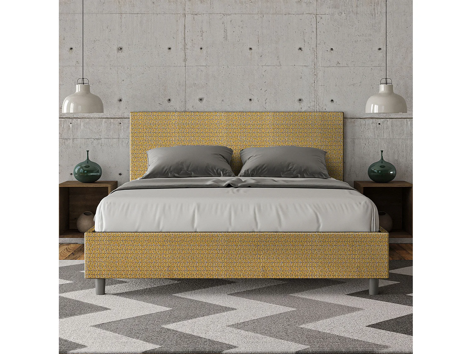 Cama dupla estofada 160x200 Labirinto 06 tecido Adele amarelo