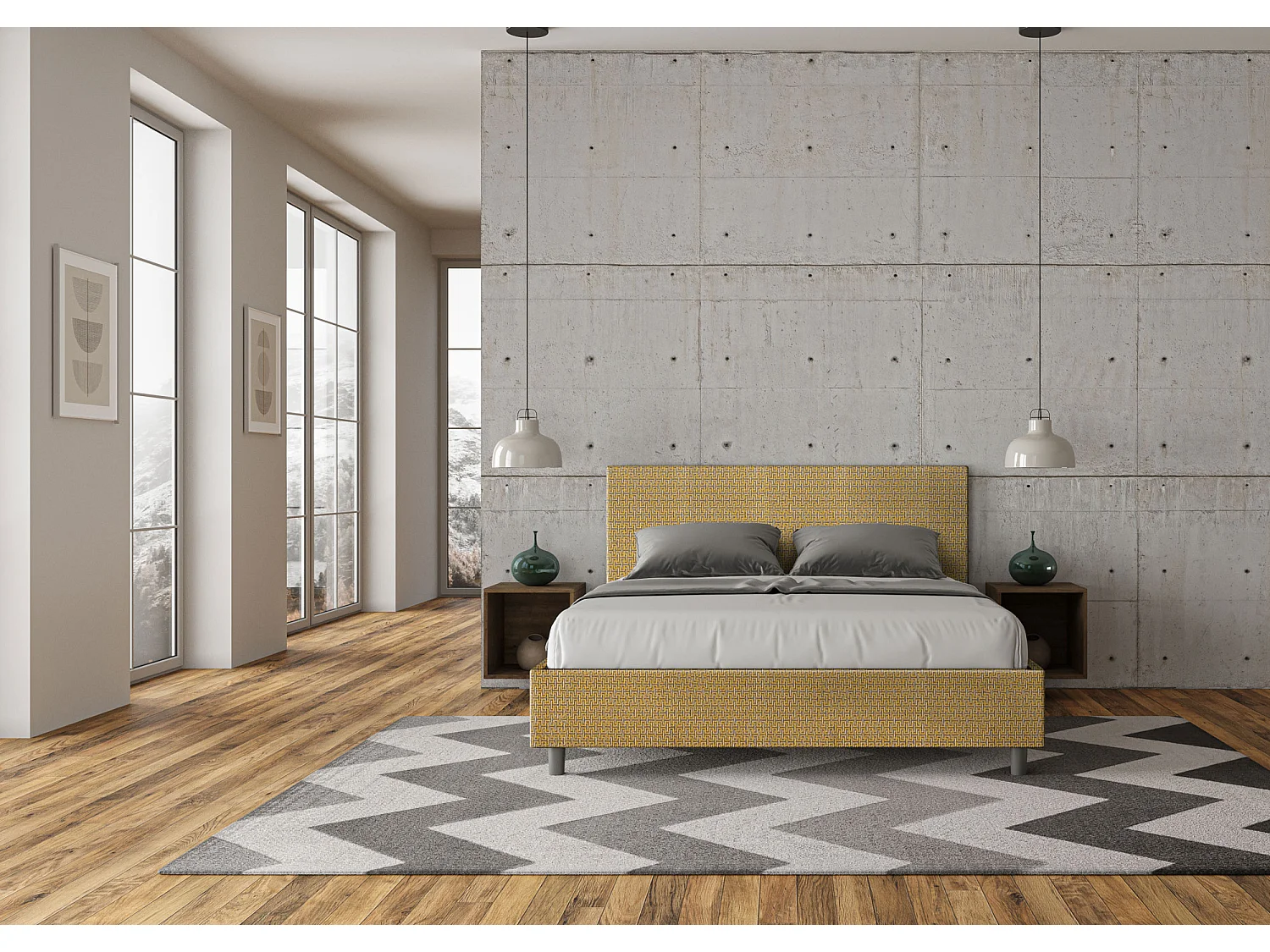 Cama dupla estofada 160x200 Labirinto 06 tecido Adele amarelo