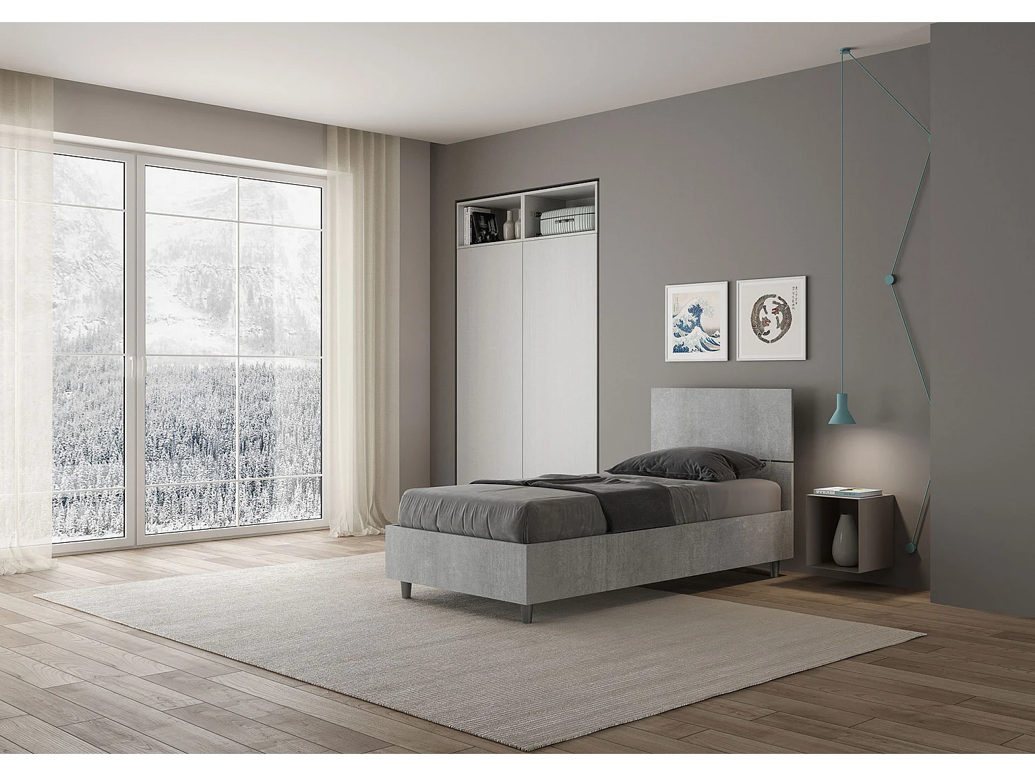 Letto contenitore 80x190 testata dritta cemento Demas
