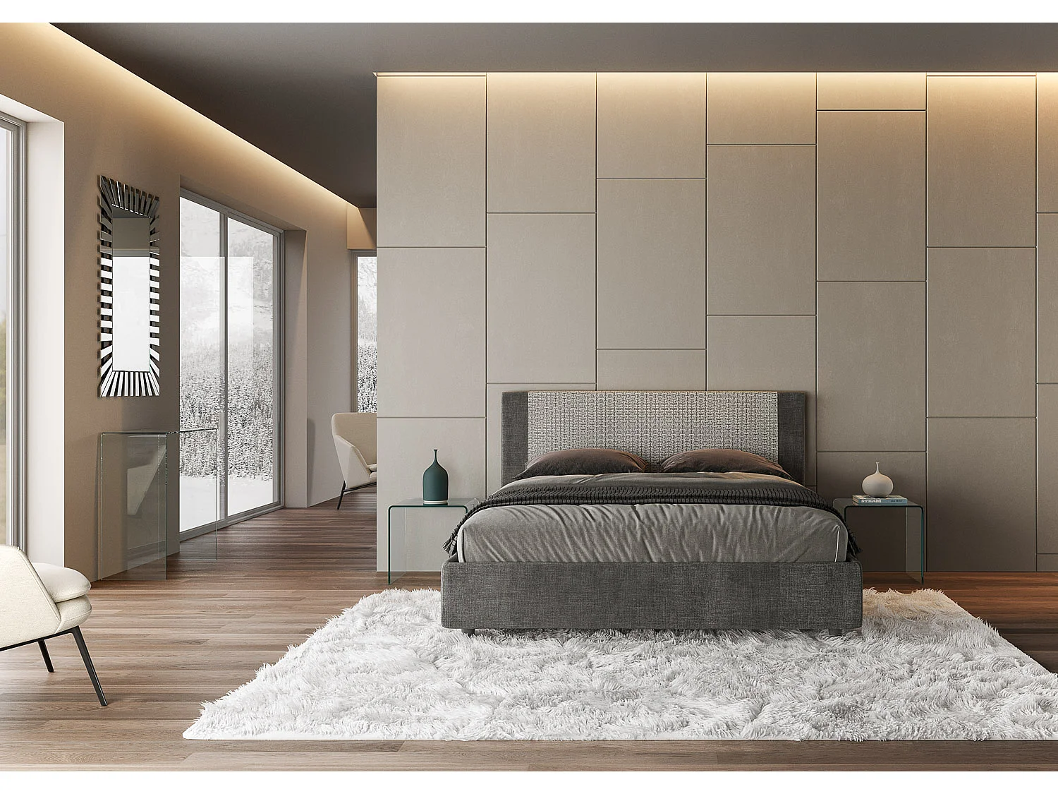 Letto contenitore doppia alzata imbottito 160x210 tessuto Labirinto 02 grigio Rosal