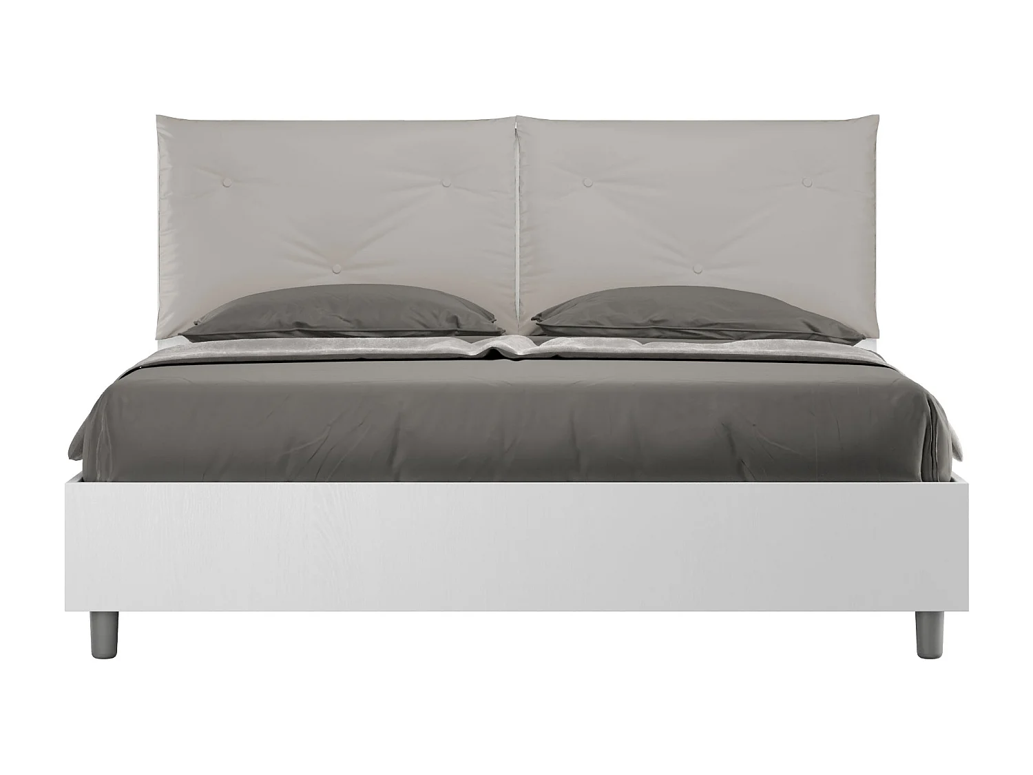 Lit double avec rangement, double relevable, 160x200 cm, bois de frêne blanc, coussins simili cuir gris tourterelle, Egos Appia