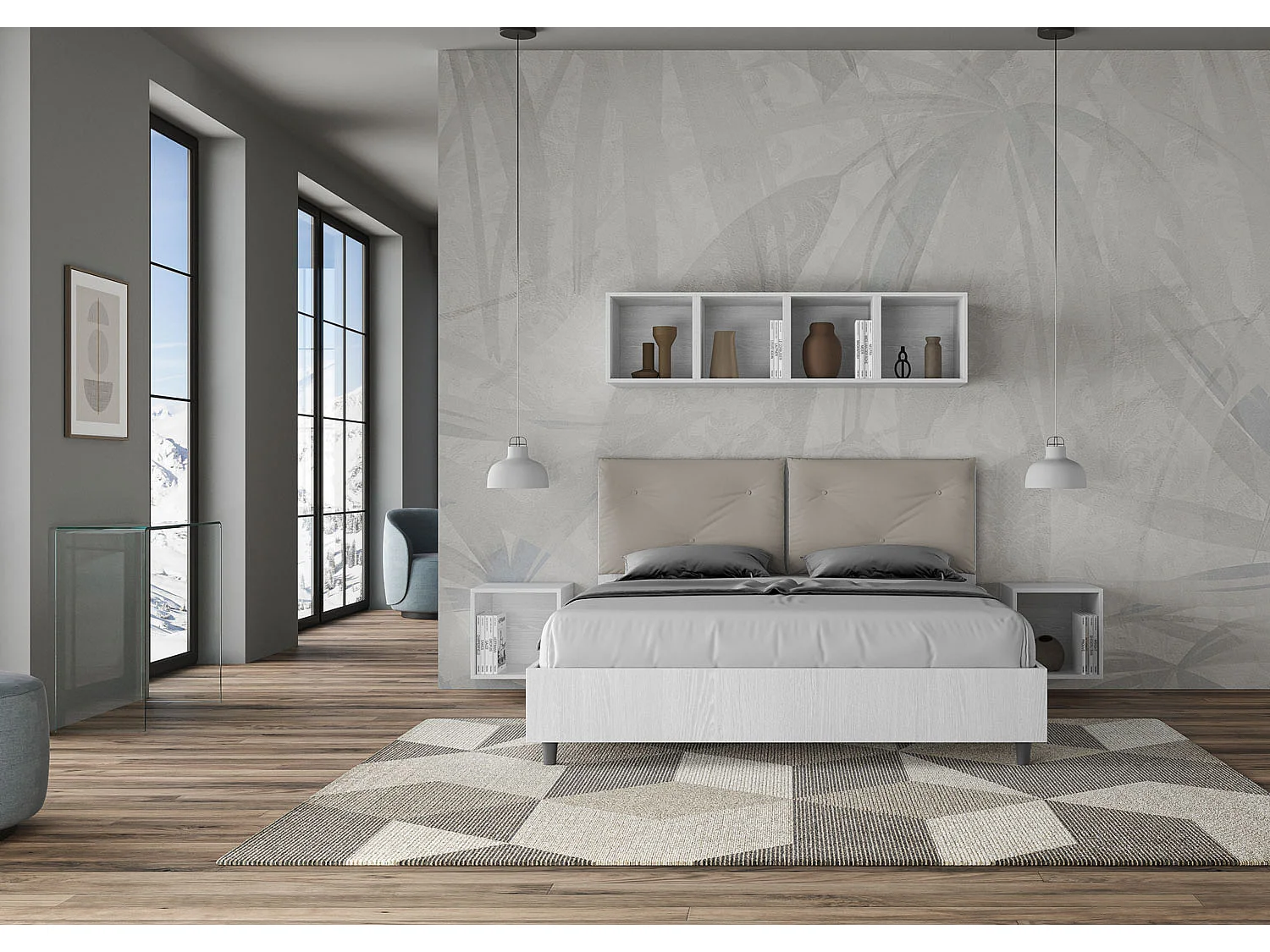 Lit double avec rangement, double relevable, 160x200 cm, bois de frêne blanc, coussins simili cuir gris tourterelle, Egos Appia