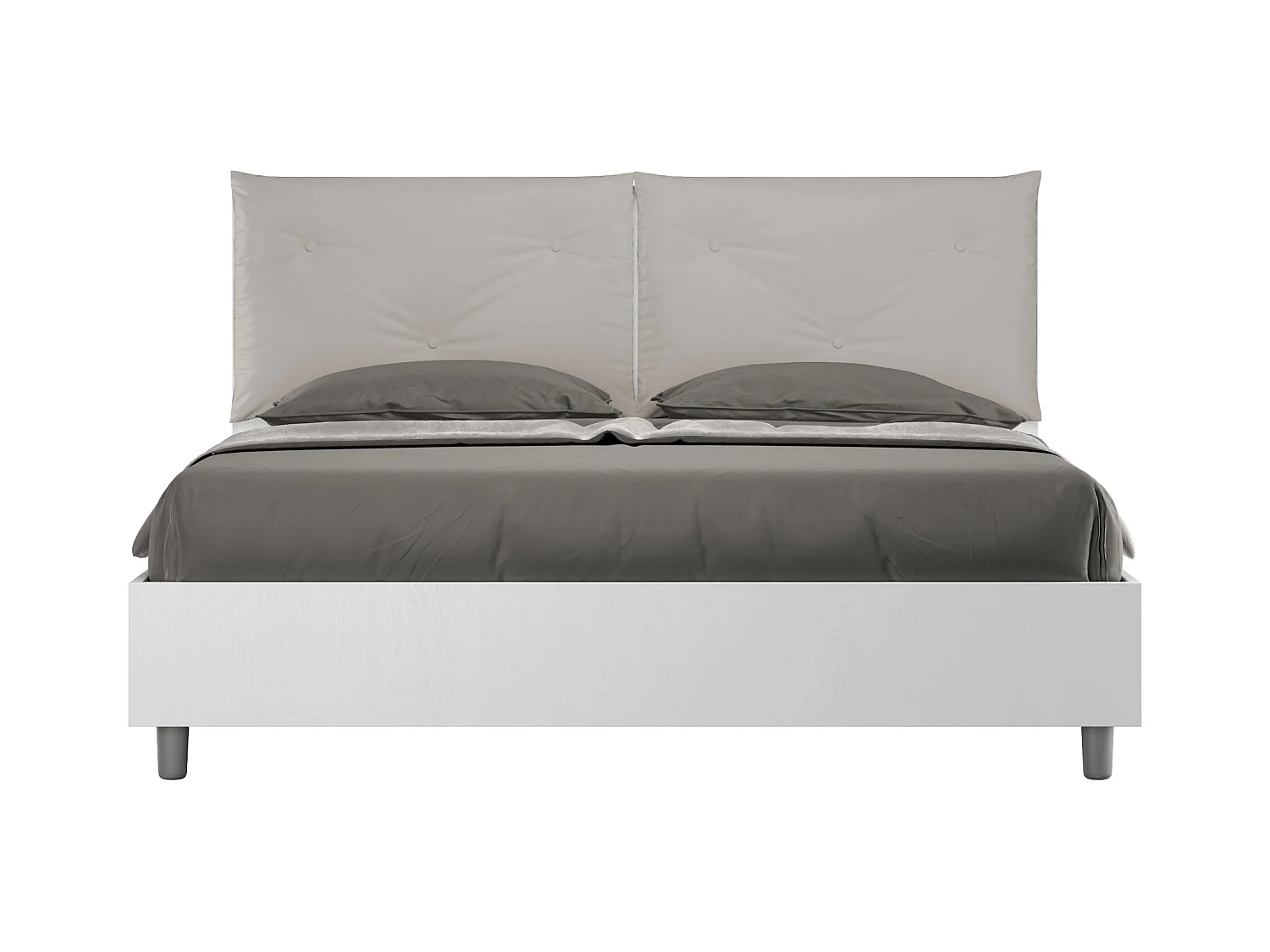 Lit double avec rangement, double relevable, 160x200 cm, bois de frêne blanc, coussins simili cuir gris tourterelle, Egos Appia