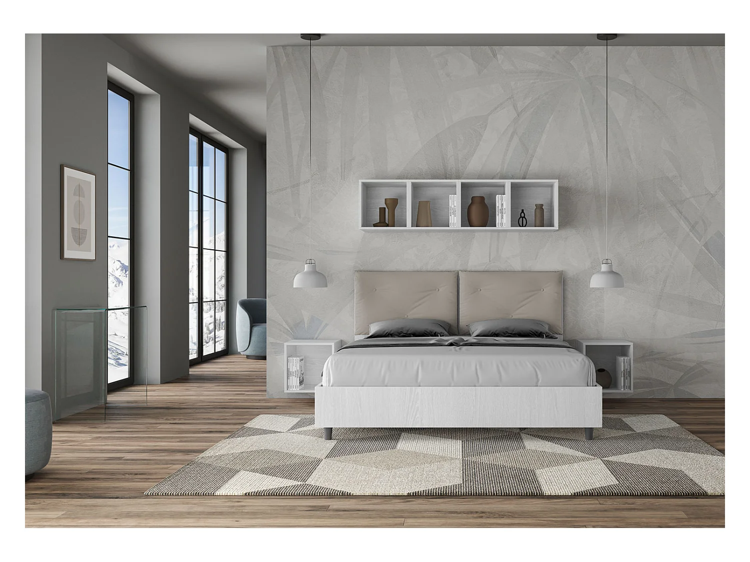 Lit double avec rangement, double relevable, 160x200 cm, bois de frêne blanc, coussins simili cuir gris tourterelle, Egos Appia