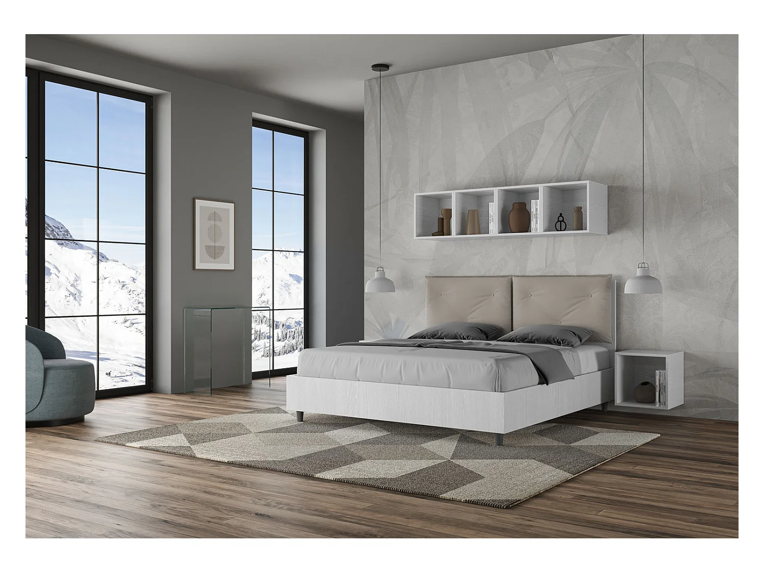 Lit double avec rangement, double relevable, 160x200 cm, bois de frêne blanc, coussins simili cuir gris tourterelle, Egos Appia