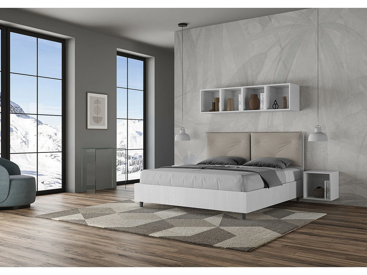 Lit double avec rangement, double relevable, 160x200 cm, bois de frêne blanc, coussins simili cuir gris tourterelle, Egos Appia