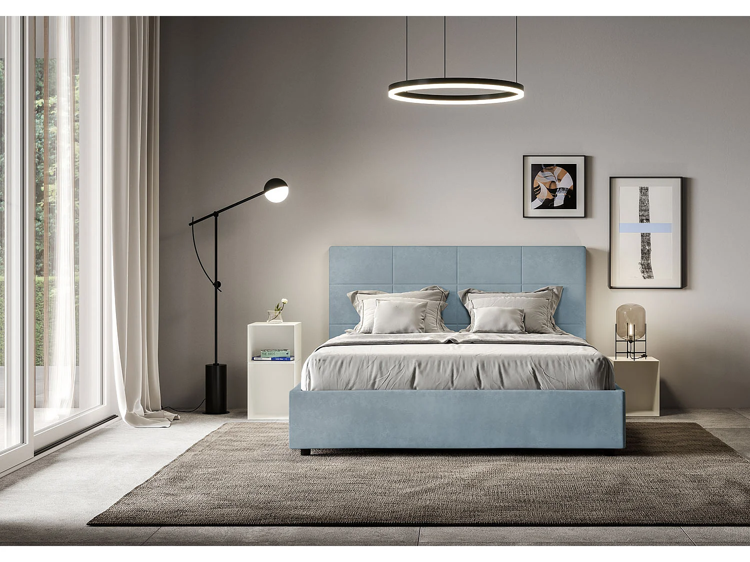 Cama contenedor doble tapizada 160x210 microfibra Mika azul