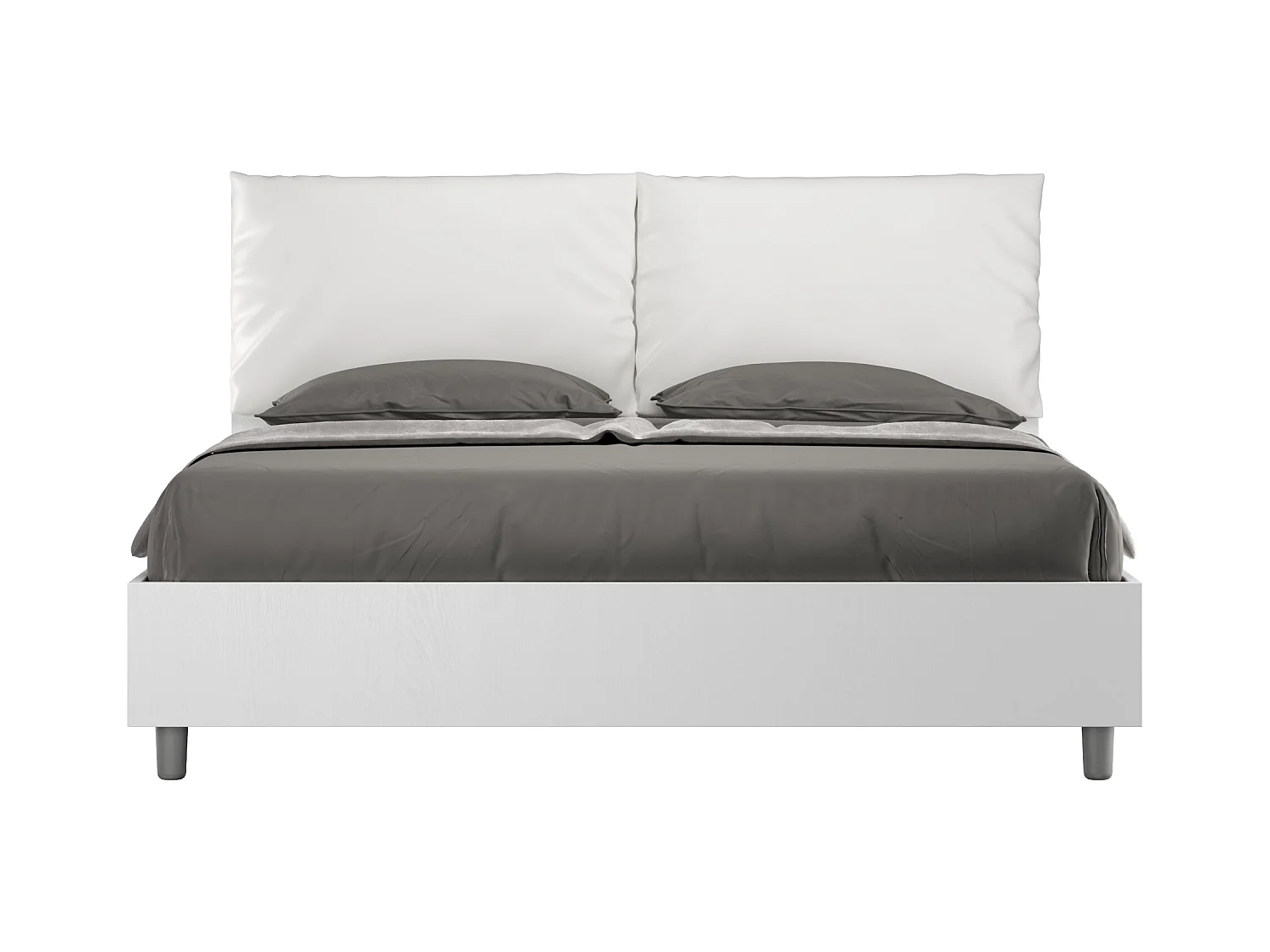 Lit double avec rangement, double relevable, 160x200 cm, bois de frêne blanc, coussins simili cuir blanc, Egos Antea