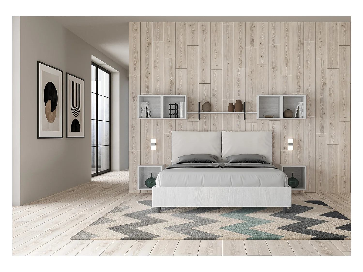 Lit double avec rangement, double relevable, 160x200 cm, bois de frêne blanc, coussins simili cuir blanc, Egos Antea