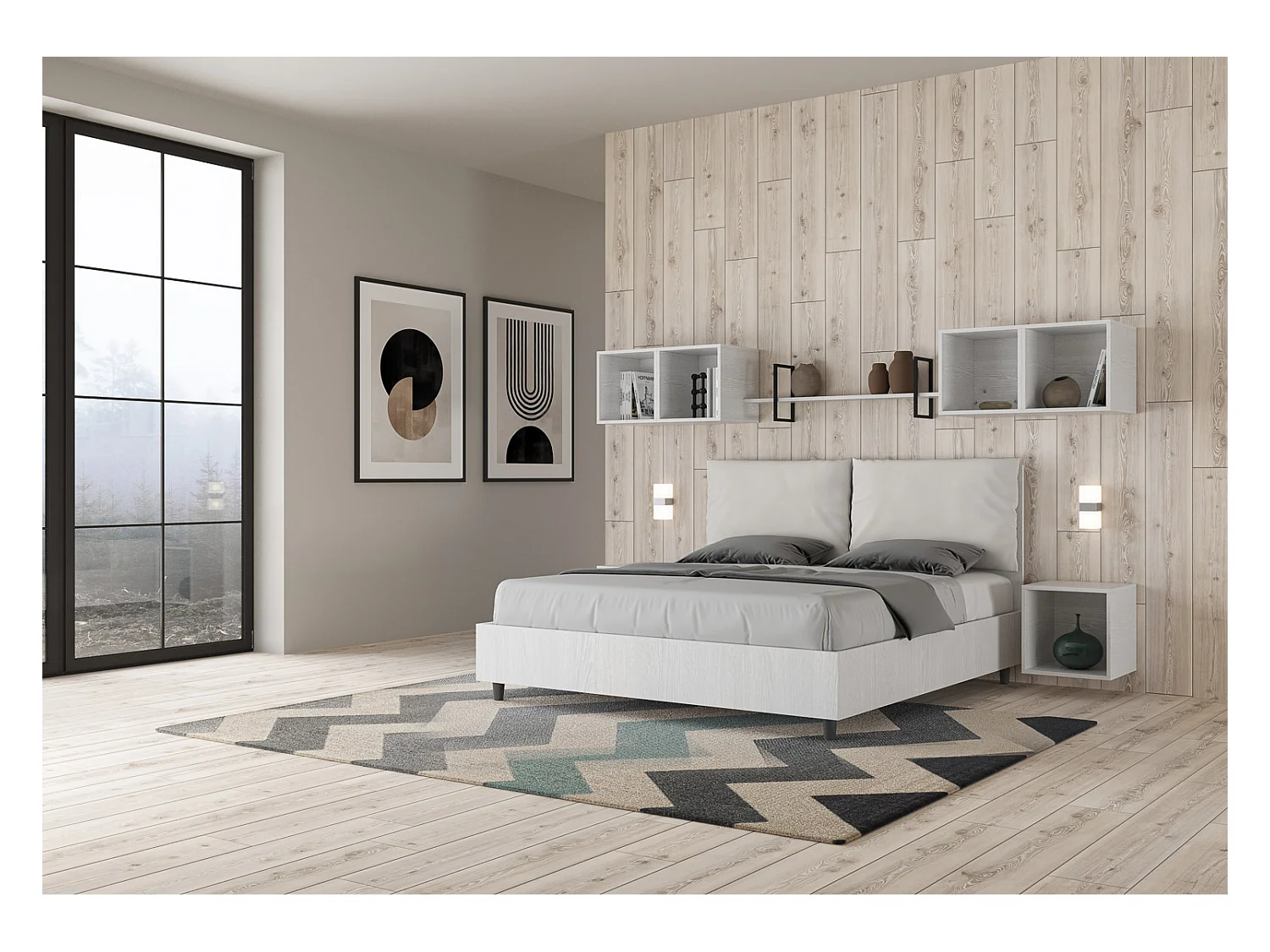 Lit double avec rangement, double relevable, 160x200 cm, bois de frêne blanc, coussins simili cuir blanc, Egos Antea