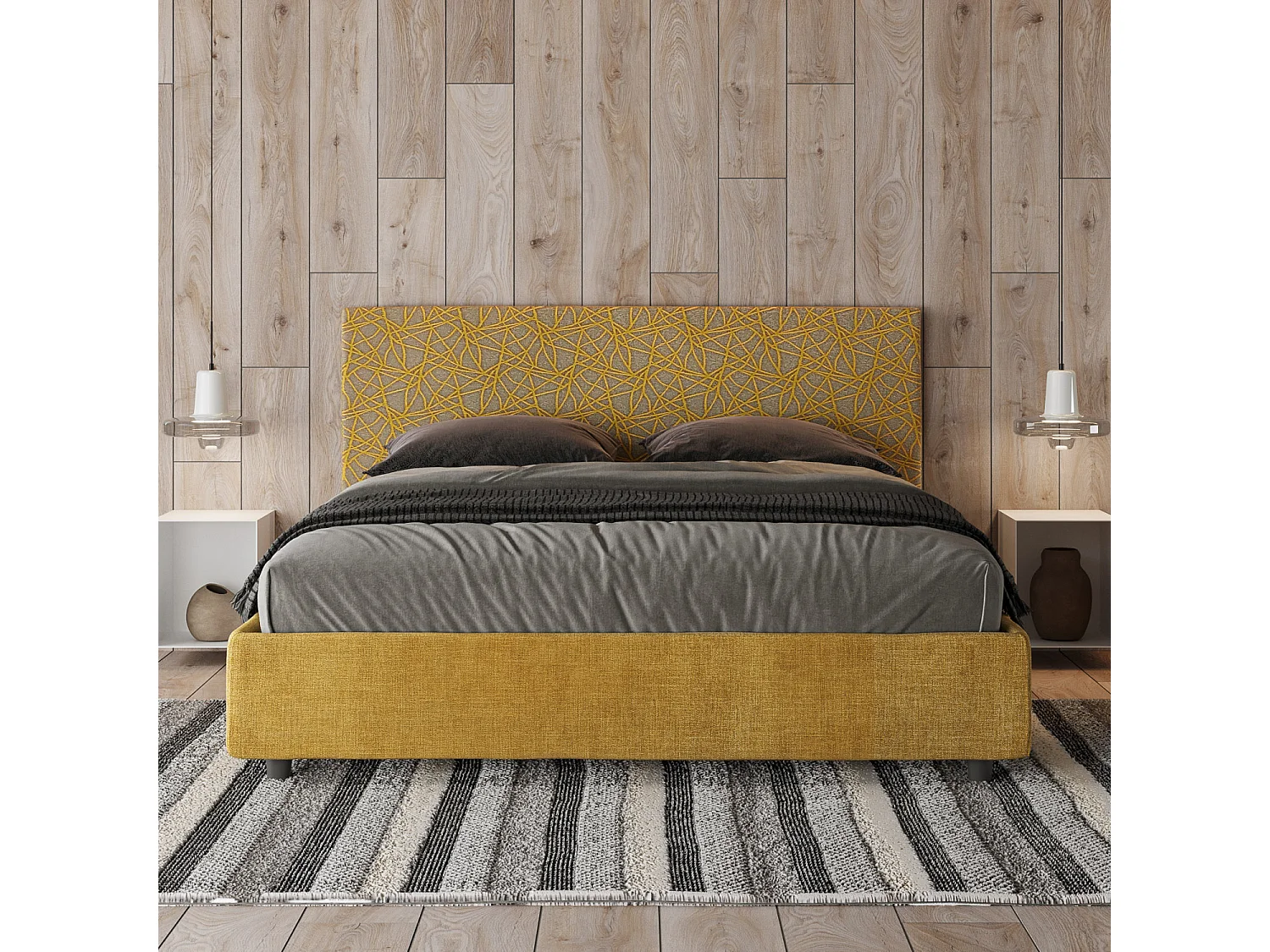 Lit coffre double capitonné 160x190 en tissu Arla jaune Era 06