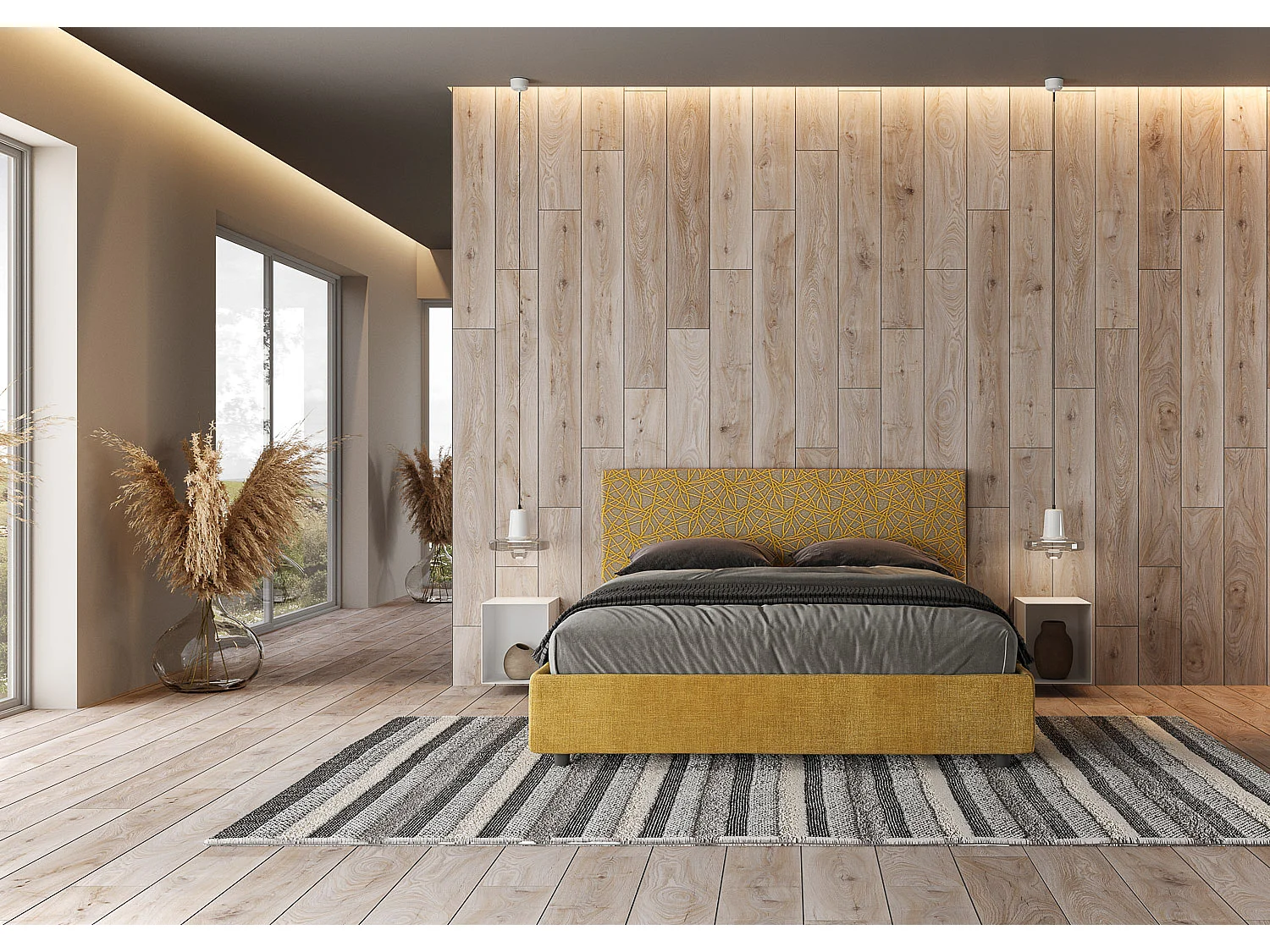 Lit coffre double capitonné 160x190 en tissu Arla jaune Era 06