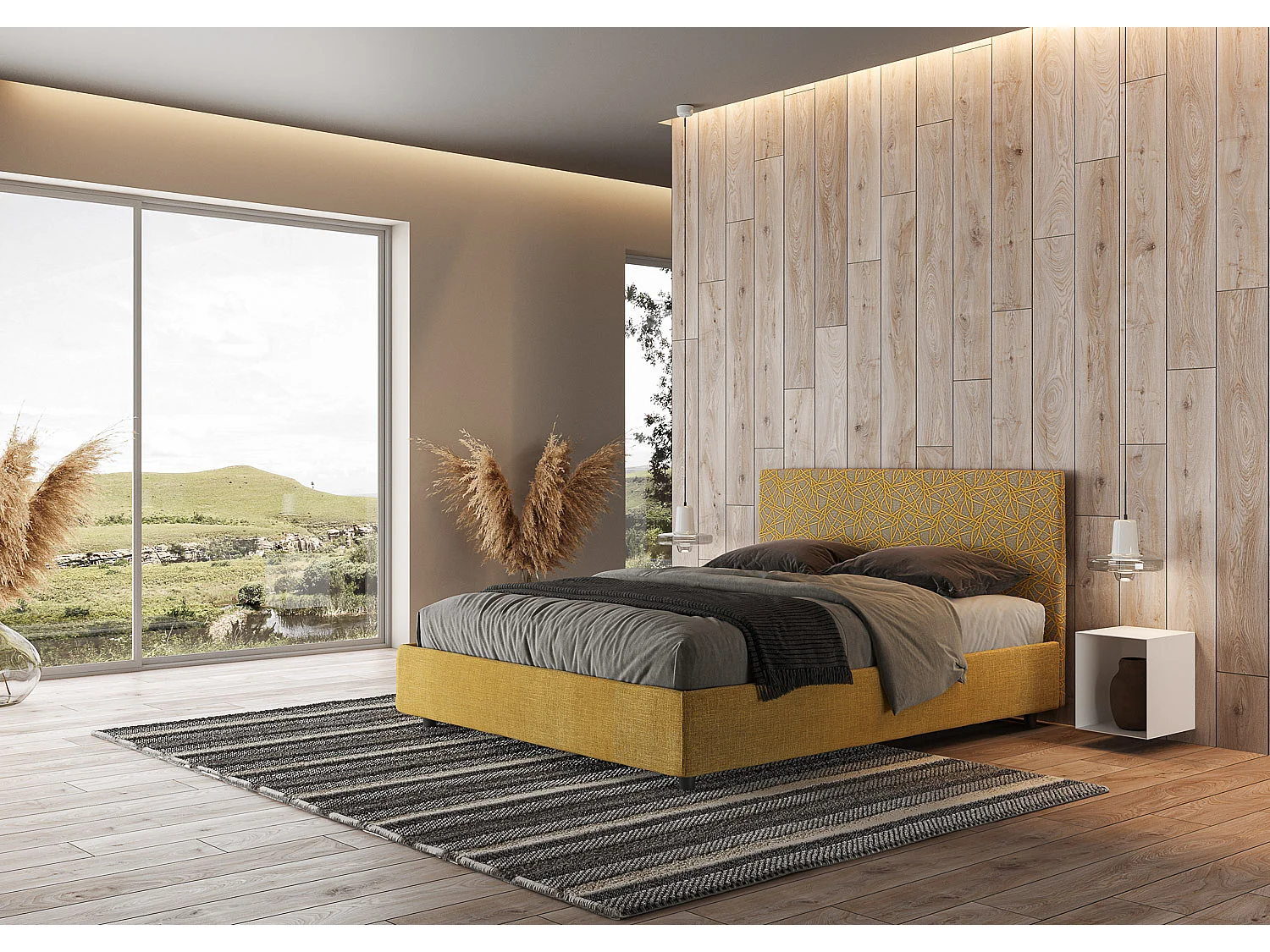 Lit coffre double capitonné 160x190 en tissu Arla jaune Era 06