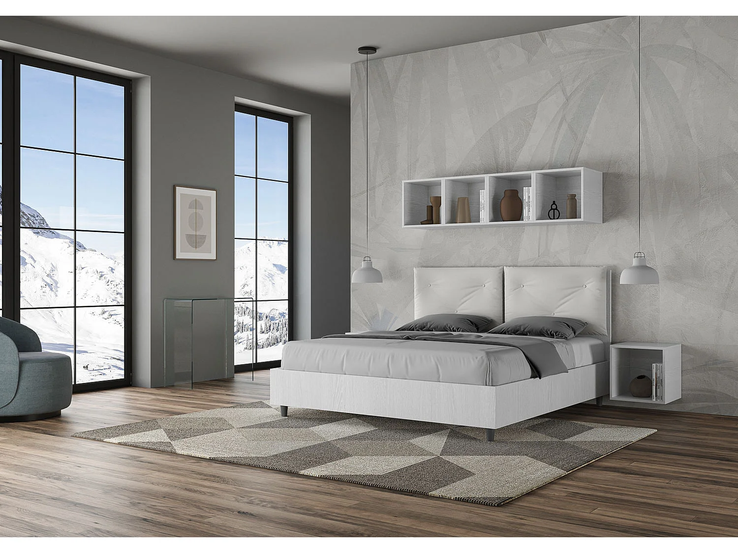 Lit double avec rangement, double relevage, 160x200 cm, bois de frêne blanc, coussins simili cuir blanc, Egos Appia