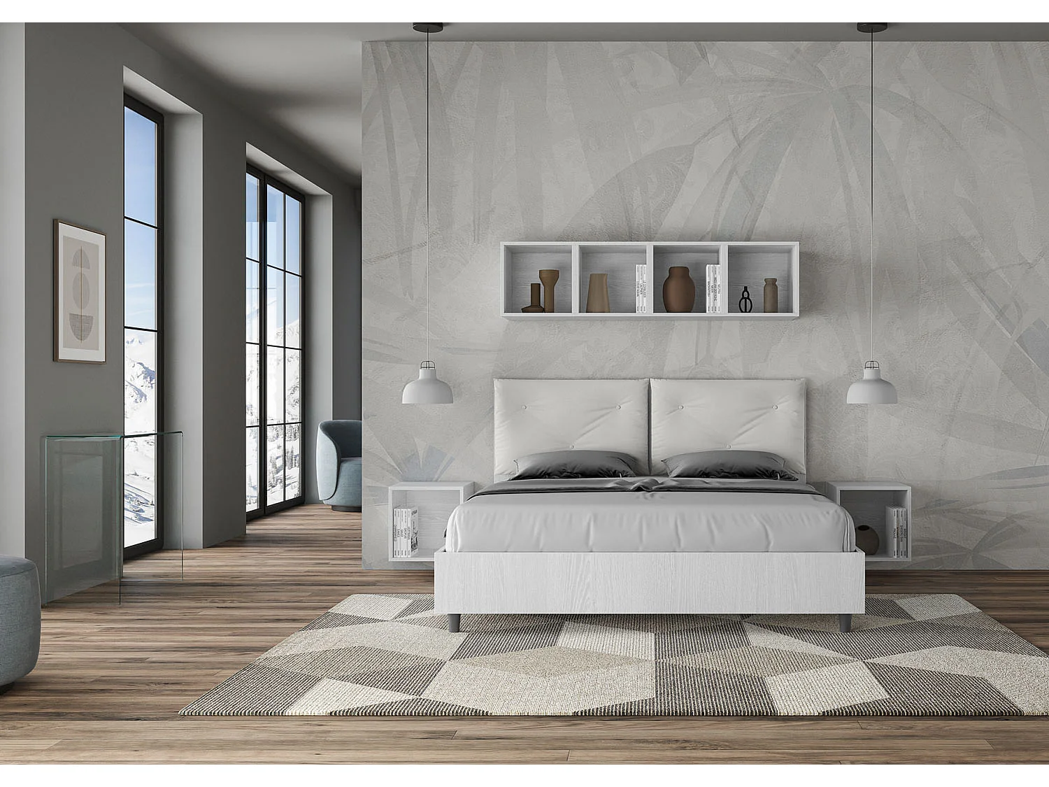 Letto matrimoniale contenitore doppia alzata 160x200 bianco frassino cuscini similpelle bianco Egos Appia