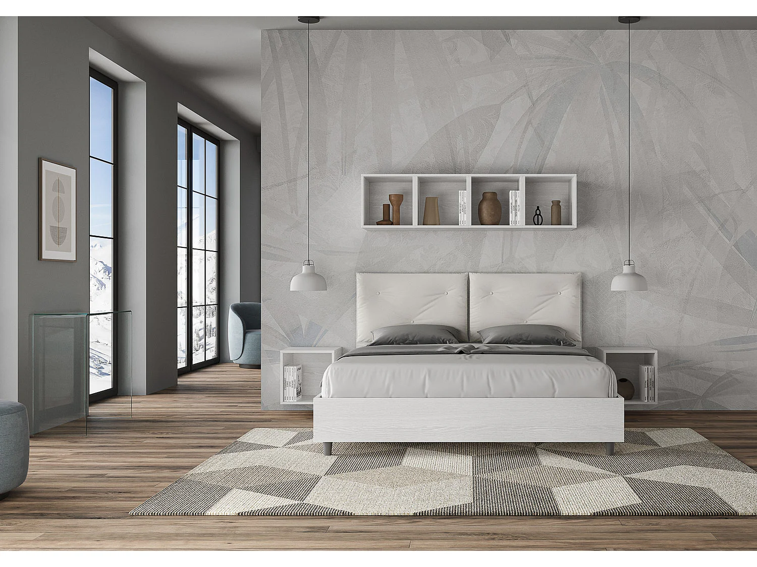 Łóżko podwójne z pojemnikiem na pościel, podnoszone podwójnie, 160x200 cm, drewno jesionowe białe, poduszki z białej skóry ekologicznej, Egos Appia