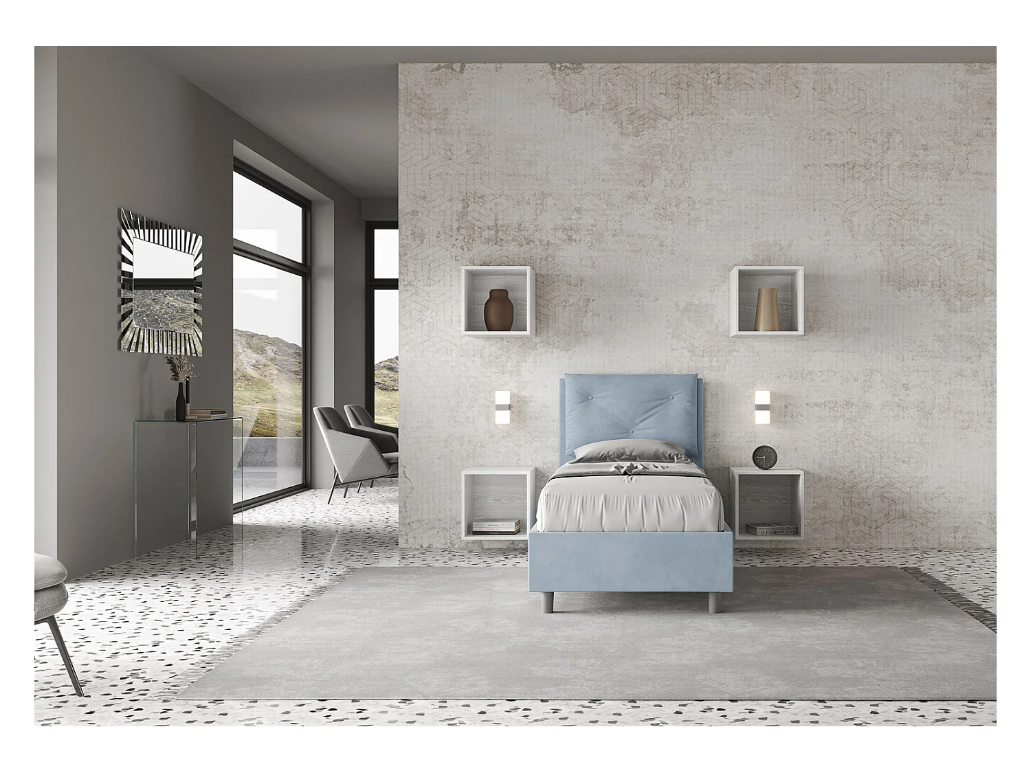 Lit coffre rembourré microfibre Appia bleu clair 90x210