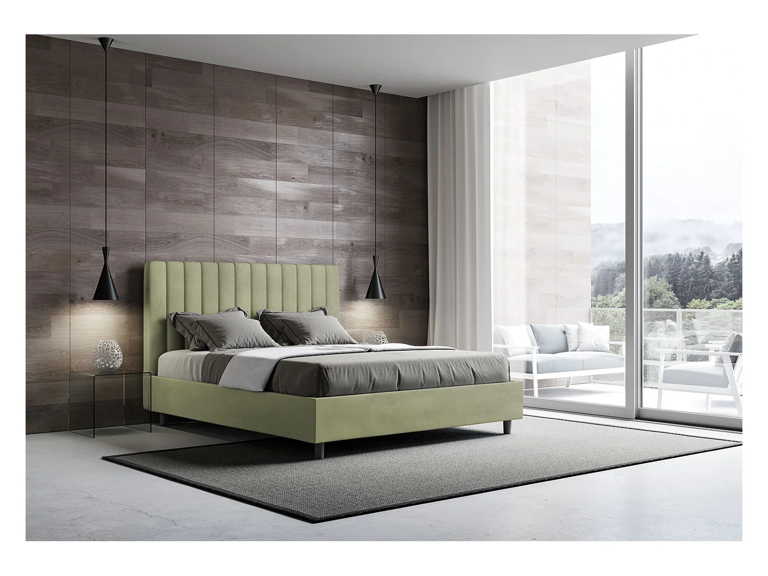 Łóżko podwójne z pojemnikiem, podnoszone, wyściełane, 160x190, mikrofibra, zielona herbata, Agueda