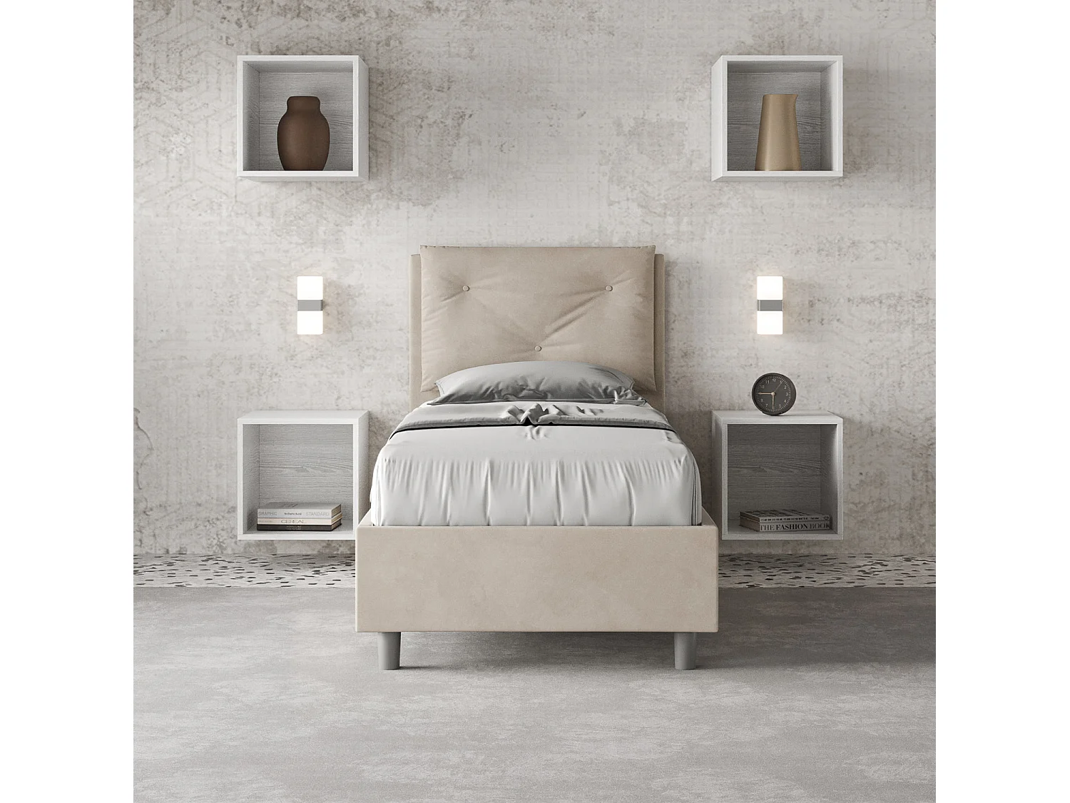 Cama contenedor tapizada 80x210 en microfibra arena de Apia