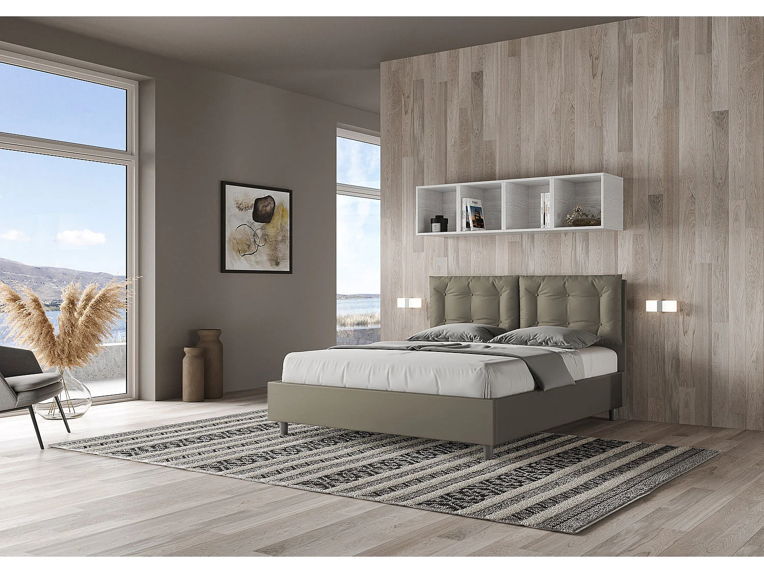 Cama contenedor doble tapizada 160x210 símil piel capuchino Annalisa