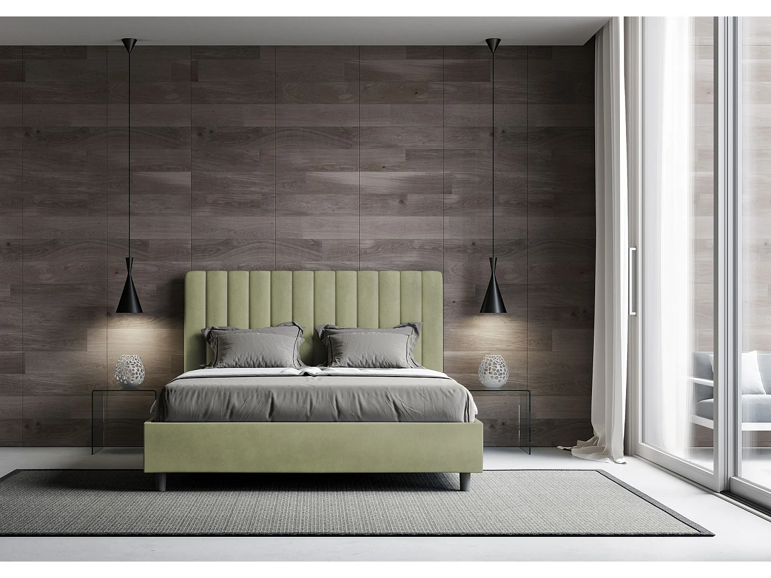 Cama contenedor doble tapizada 160x210 Agueda té verde microfibra