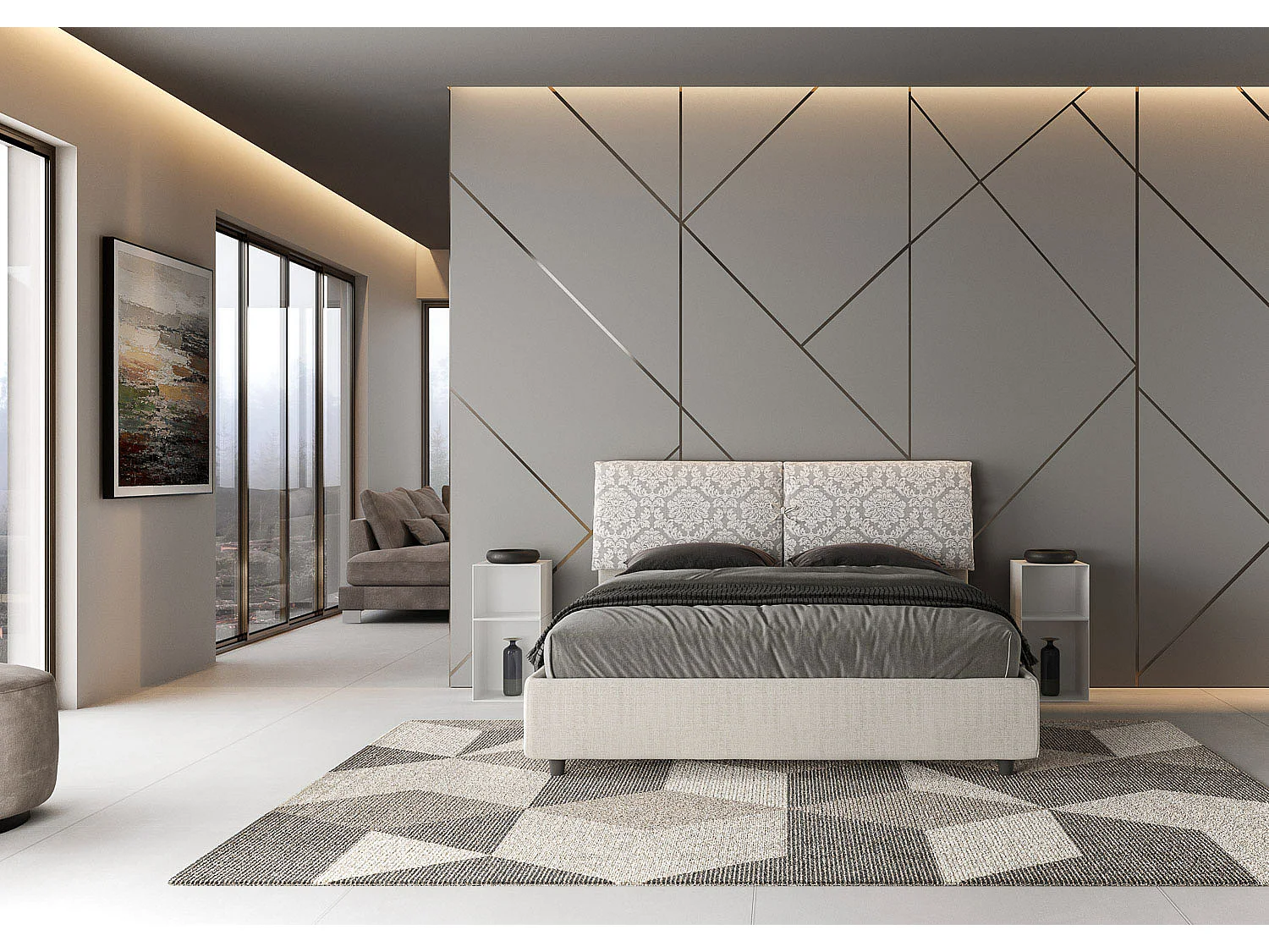 Lit coffre double capitonné 160x190 Agata 1 tissu Mados blanc