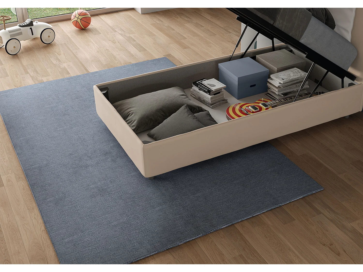 Lit coffre rembourré Antea 90x200 en microfibre sable