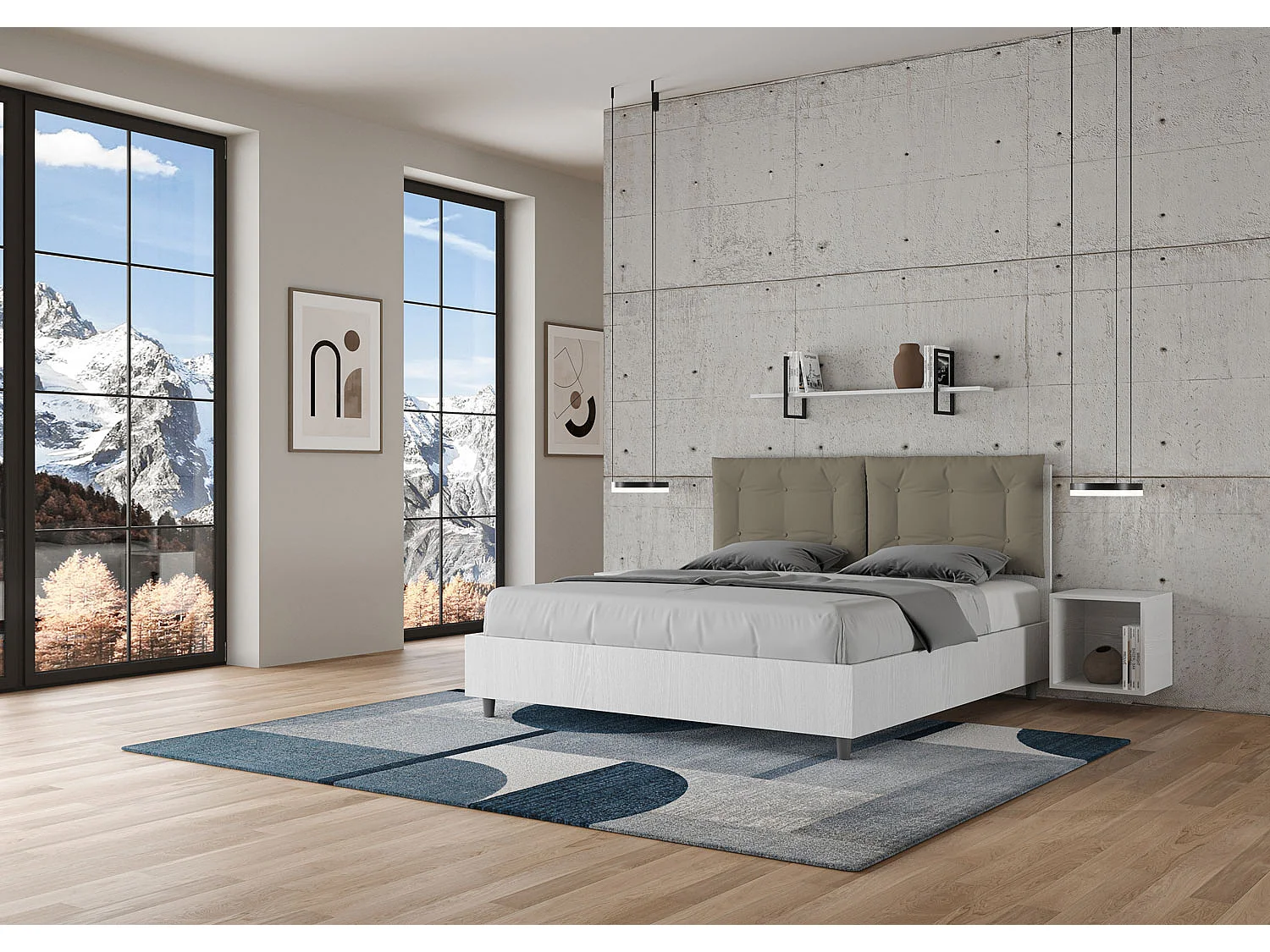 Lit double avec rangement, double relevage, 160x190 cm, bois de frêne blanc, coussins en simili cuir couleur cappuccino, Egos Annalisa