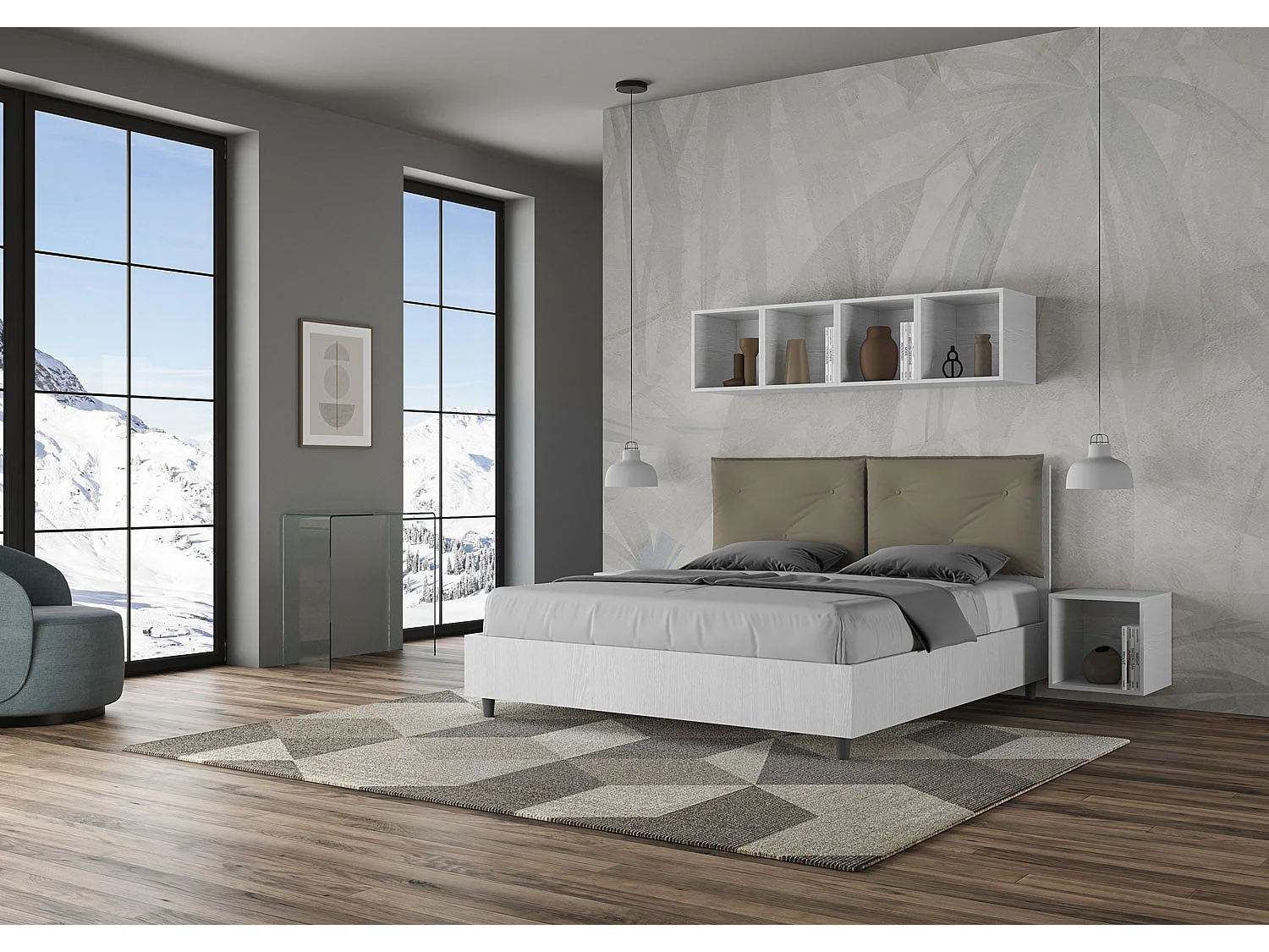 Lit double avec rangement, double relevage, 160x200 cm, bois de frêne blanc, coussins en simili cuir, cappuccino Egos Appia