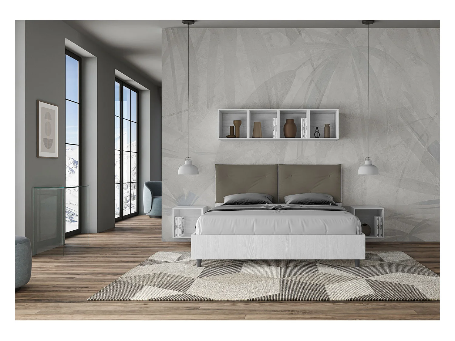 Doppelbett mit Stauraum, Doppellift, 160x200 cm, weißes Eschenholz, Kunstlederkissen, Cappuccino Egos Appia