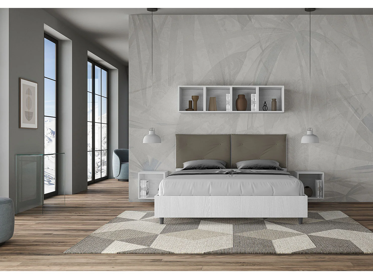 Letto matrimoniale contenitore doppia alzata 160x200 bianco frassino cuscini similpelle cappuccino Egos Appia
