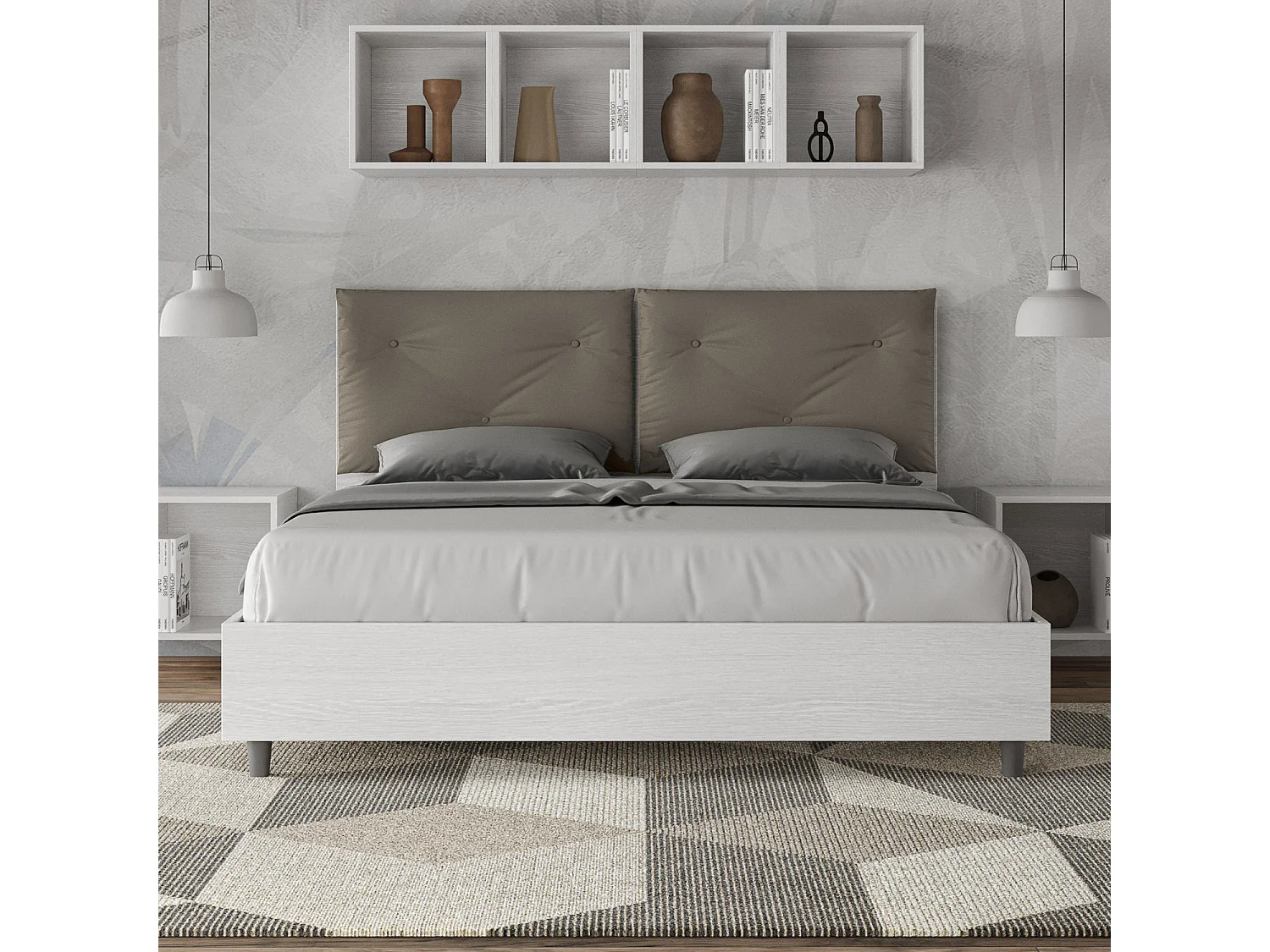 Cama doble con contenedor elevado 160x200 fresno blanco Cojines símil piel Cappuccino Egos Appia