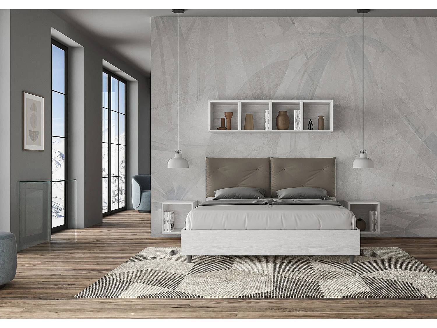 Cama doble con contenedor elevado 160x200 fresno blanco Cojines símil piel Cappuccino Egos Appia